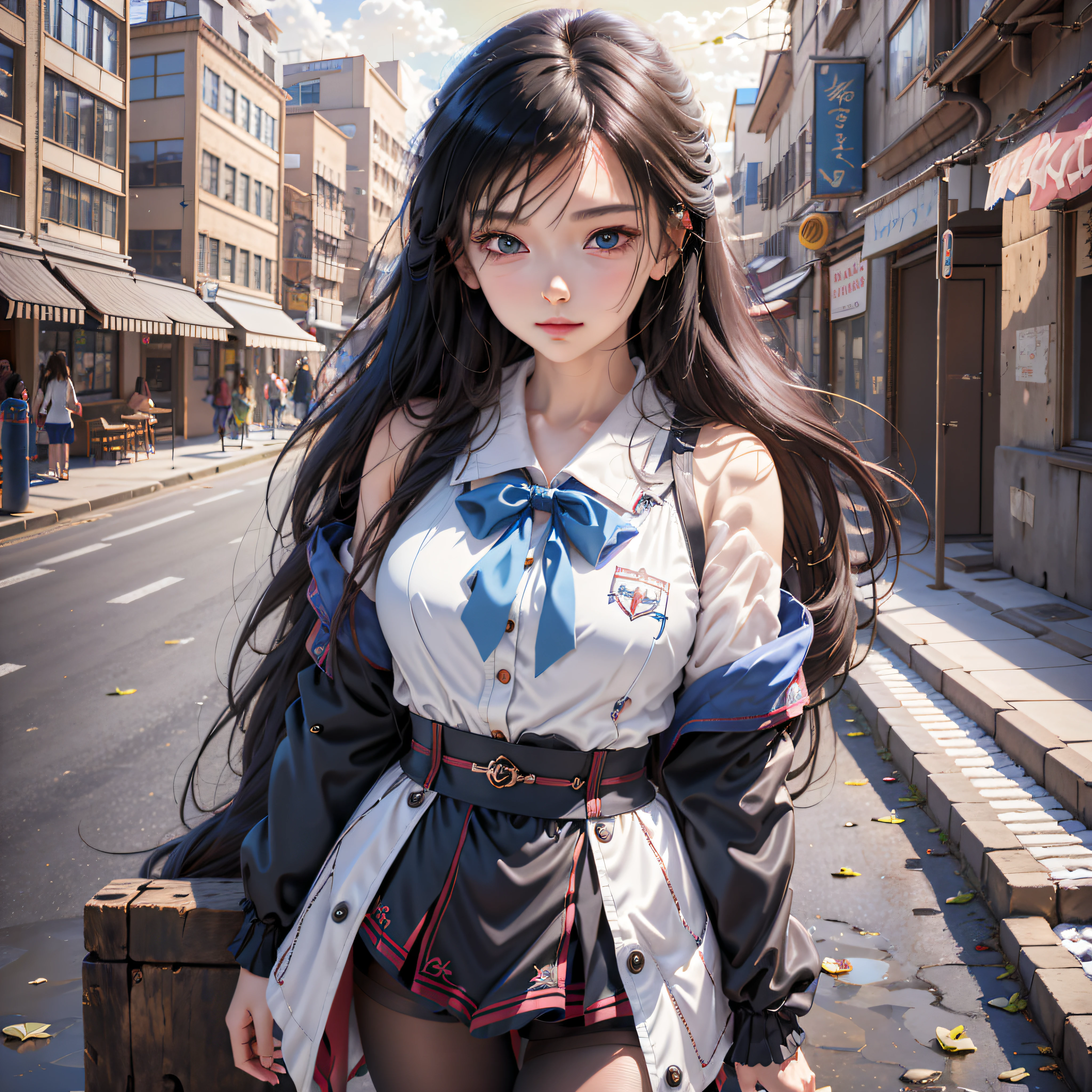 anime girl with long black hair and blue eyes standing on a street, official artwork, beautiful anime high school girl, high detailed official artwork, anime style 4 k, kawacy, smooth anime cg art, anime visual of a cute girl, beautiful anime girl, portrait of an anime girl, young anime girl, anime moe artstyle, detailed digital anime art