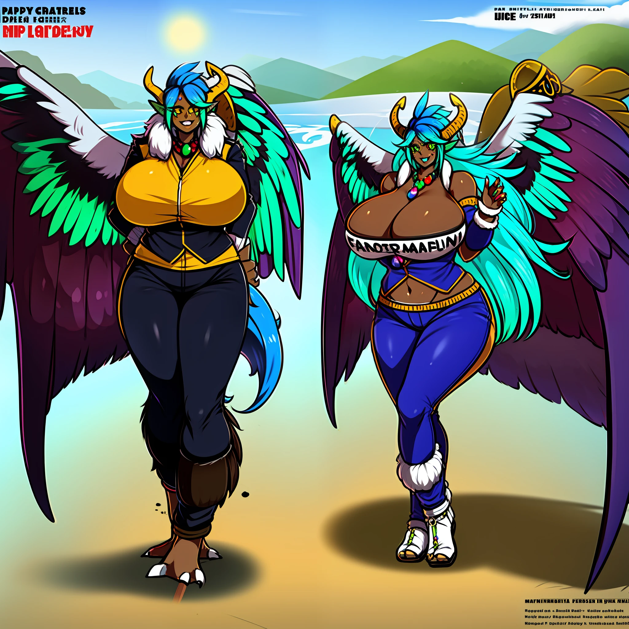 monster girl, dark skinned female, big breast, wings, happy,, coat vest, pants