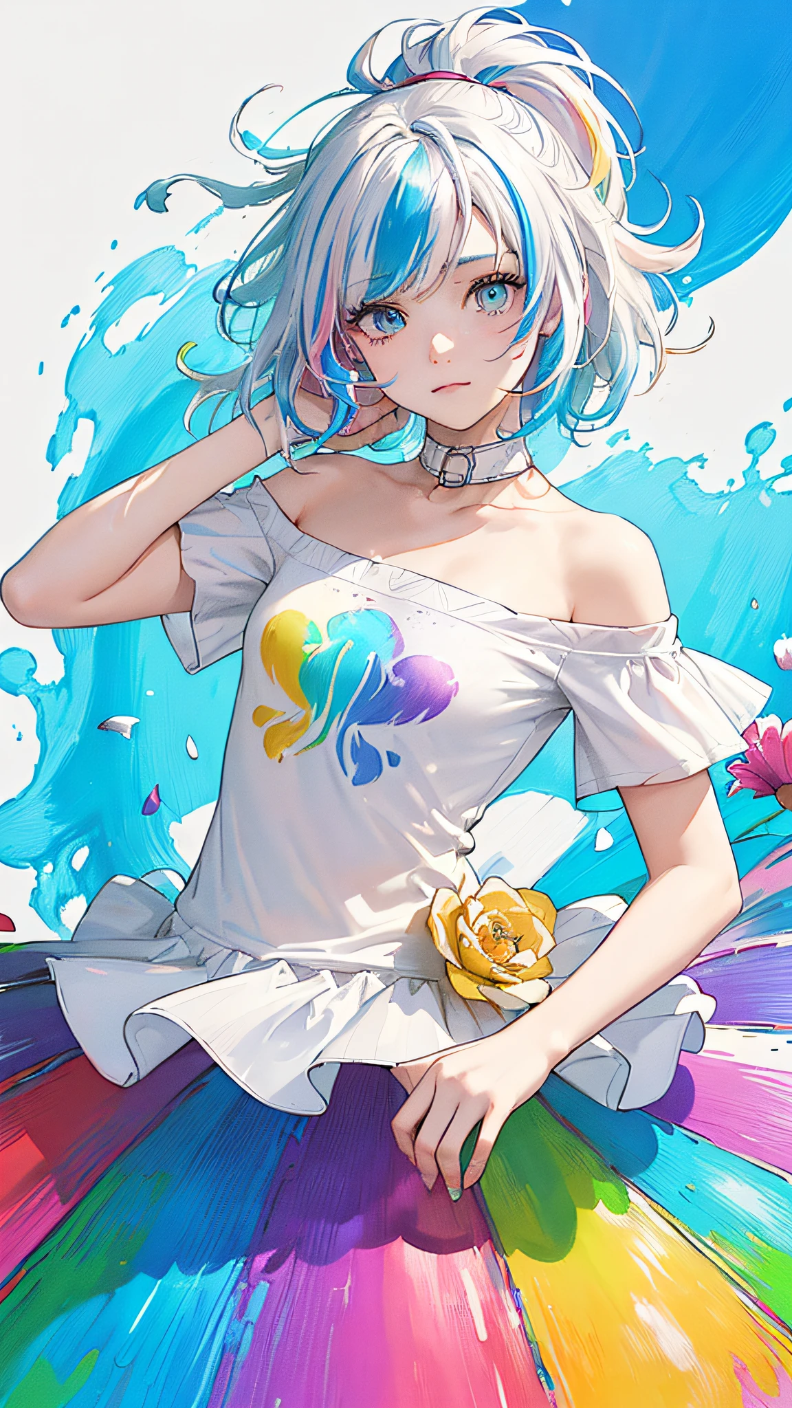 (Pink Fashion T-shirt:1.9),(Colorful hair: 1.8), (all the colours of the rainbow: 1.8),(((((vertical painting:1.6))), (painting:1.6),front, comics, illustrations, paintings, large eyes, crystal clear eyes,( rainbow color gradient high ponytail:1.7), exquisite makeup, closed mouth,(Small Fresh: 1.5),(Wipe Chest: 1.6) ,long eyelashes, white off shoulder T-shirt, White Shoulder Shirt,looking at the audience, large watery eyes, (rainbow colored hair:1.6), color splash, (solo:1.8), color splash, color explosion, thick paint style, messy lines, ((shining)),(colorful), (colorful), (colorful), colorful, Thick Paint Style, (Splash) (Color Splash), Vertical Painting, Upper Body, Paint Splash, Acrylic Pigment, Gradient, Paint, Highest Image Quality, Highest Quality, Masterpiece, Solo, Depth of Field, Face Paint, colorful clothes, (Elegant: 1.2), gorgeous,long hair, wind, (Elegant: 1.3), (Petals: 1.4),(((masterpiece))),(((best quality))),((ultra-detailed)),(illustration),(dynamic angle),((floating)),(paint),((disheveled hair)),(solo),(1girl) , (((detailed anima face))),((beautiful detailed face)),collar,bare shoulders,white hair, ((colorful hair)),((streaked hair)),beautiful detailed eyes,(Gradient color eyes),(((colorful eyes))),(((colorful background))),(((high saturation))),(((surrounded by colorful splashes))),