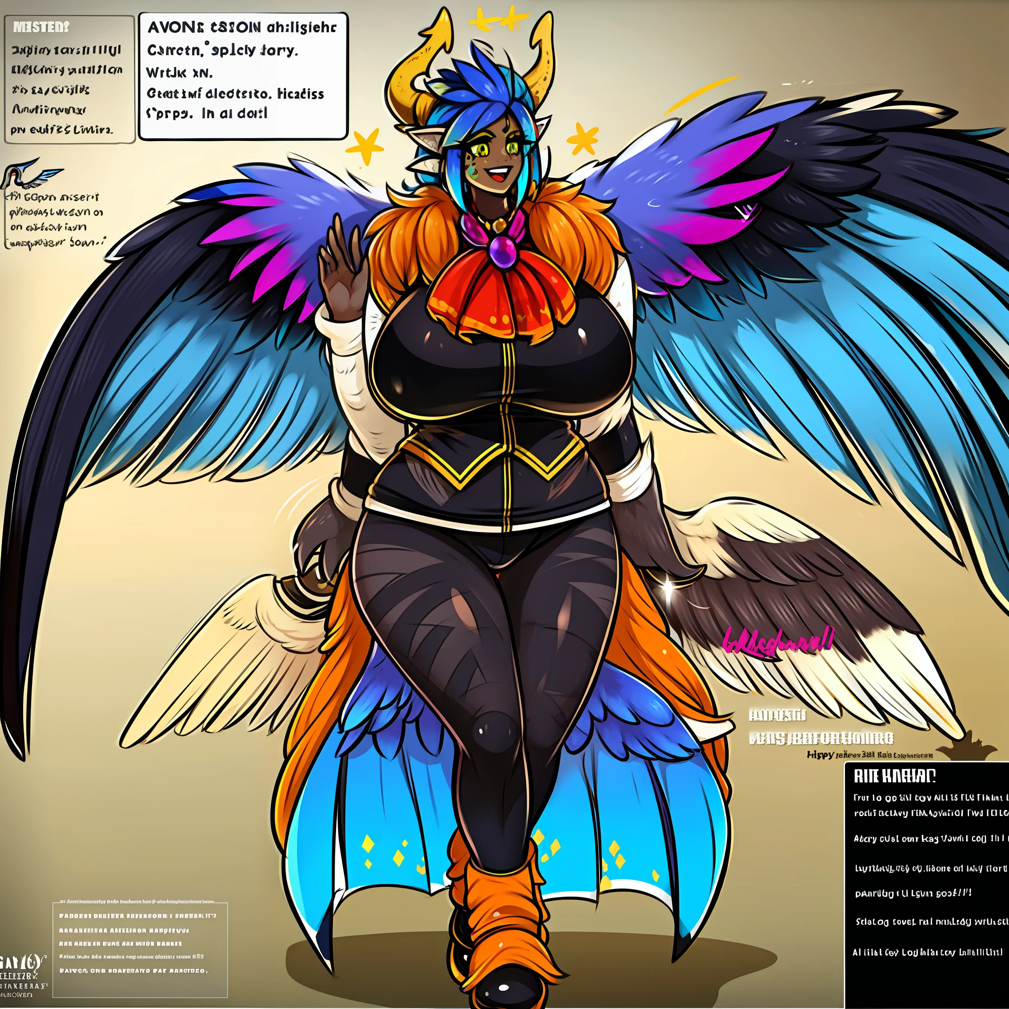 monster girl, dark skinned female, big breast, wings, happy,, coat vest, pants