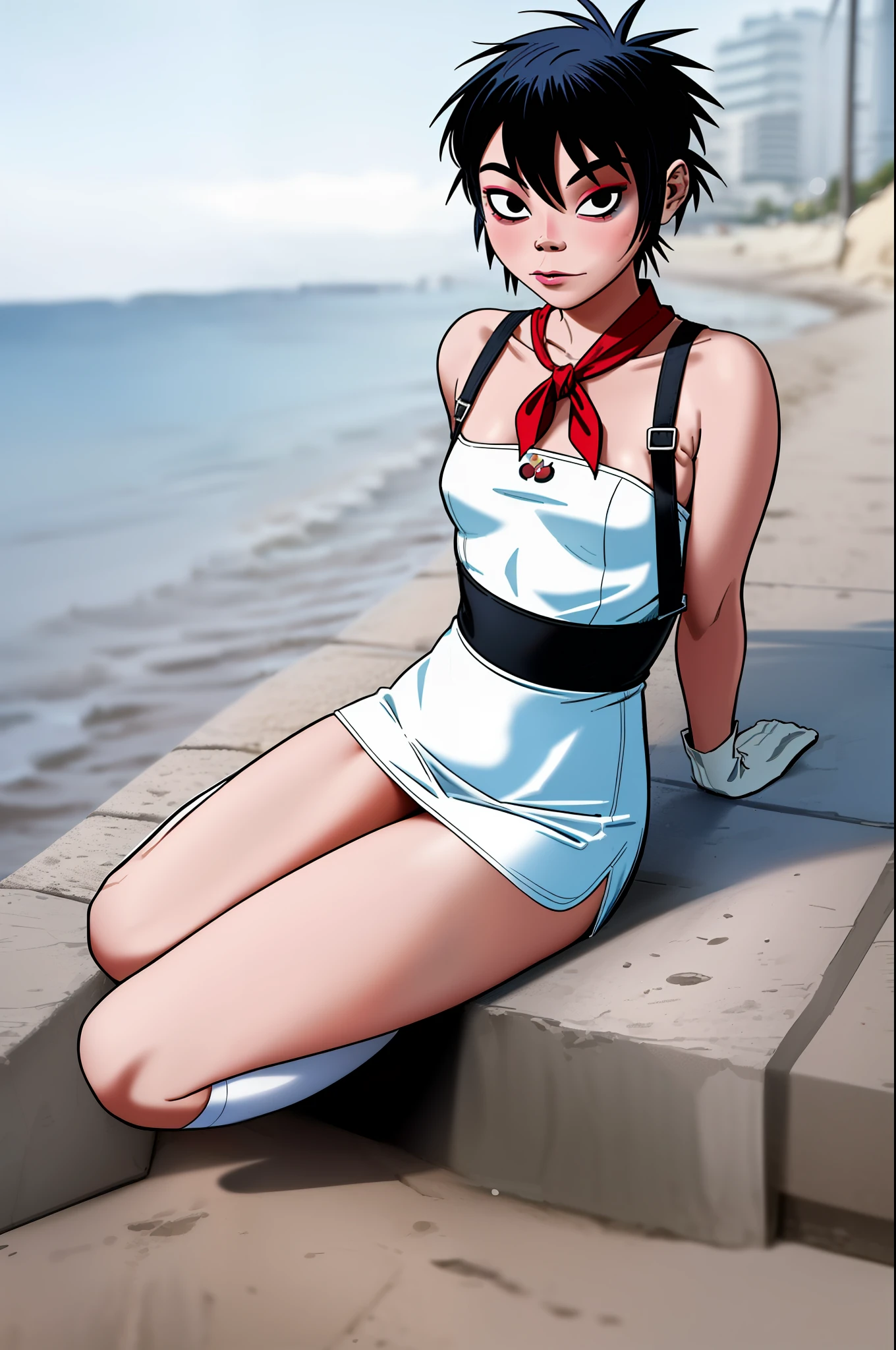 noodles (Gorillaz), masterpiece, best quality, solo, blue hair, makeup, bangs, short hair, lipstick, black eyes, parody, small breasts, blush, sexual expression, panties, white nurse dress, red scarf, black and white striped socks, long white gloves, at the beach, skinny, no shoes