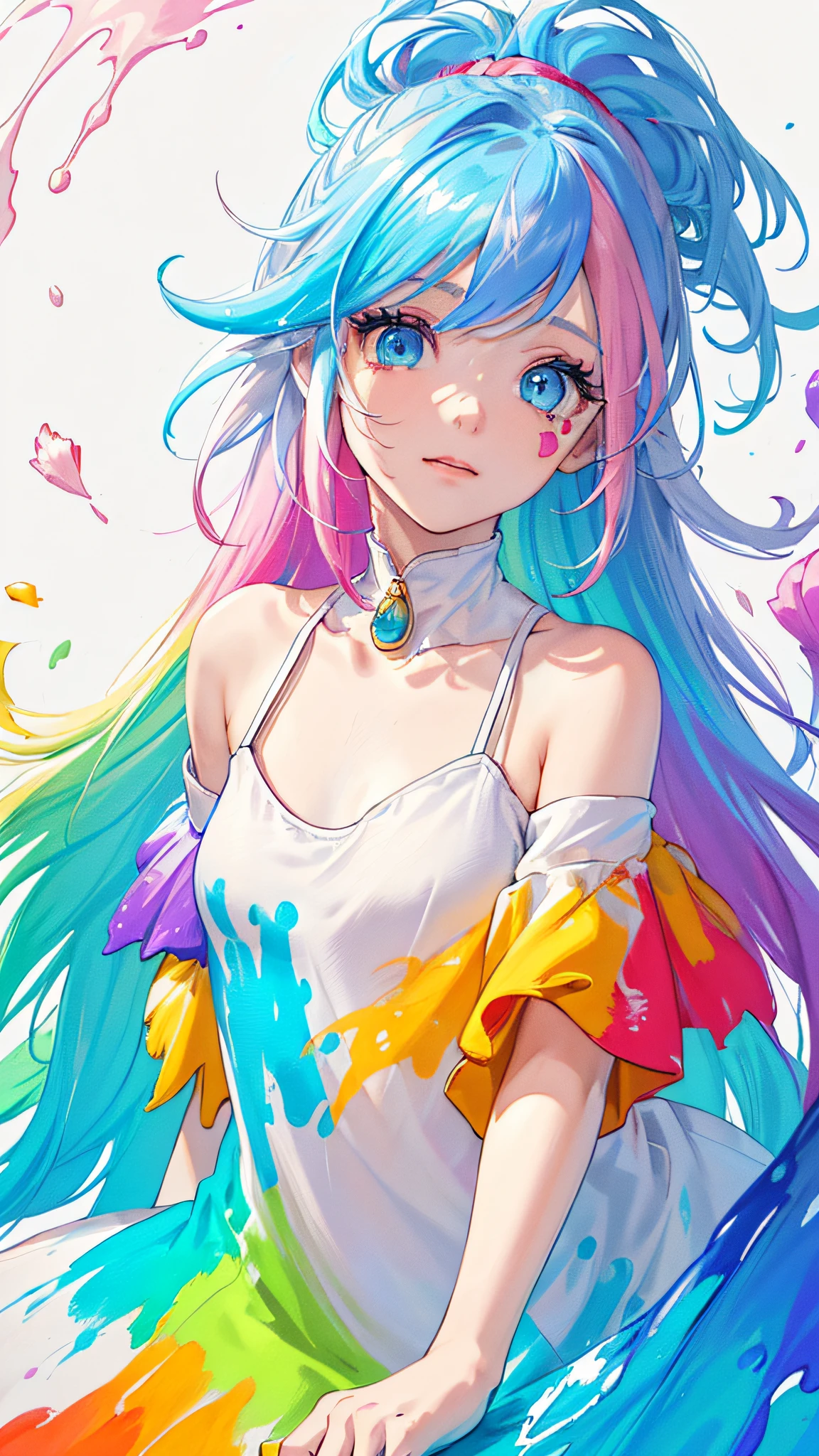 (Pink Fashion T-shirt:1.9),(Colorful hair: 1.8), (all the colours of the rainbow: 1.8),(((((vertical painting:1.6))), (painting:1.6),front, comics, illustrations, paintings, large eyes, crystal clear eyes,( rainbow color gradient high ponytail:1.7), exquisite makeup, closed mouth,(Small Fresh: 1.5),(Wipe Chest: 1.6) ,long eyelashes, white off shoulder T-shirt, White Shoulder Shirt,looking at the audience, large watery eyes, (rainbow colored hair:1.6), color splash, (solo:1.8), color splash, color explosion, thick paint style, messy lines, ((shining)),(colorful), (colorful), (colorful), colorful, Thick Paint Style, (Splash) (Color Splash), Vertical Painting, Upper Body, Paint Splash, Acrylic Pigment, Gradient, Paint, Highest Image Quality, Highest Quality, Masterpiece, Solo, Depth of Field, Face Paint, colorful clothes, (Elegant: 1.2), gorgeous,long hair, wind, (Elegant: 1.3), (Petals: 1.4),(((masterpiece))),(((best quality))),((ultra-detailed)),(illustration),(dynamic angle),((floating)),(paint),((disheveled hair)),(solo),(1girl) , (((detailed anima face))),((beautiful detailed face)),collar,bare shoulders,white hair, ((colorful hair)),((streaked hair)),beautiful detailed eyes,(Gradient color eyes),(((colorful eyes))),(((colorful background))),(((high saturation))),(((surrounded by colorful splashes))),
