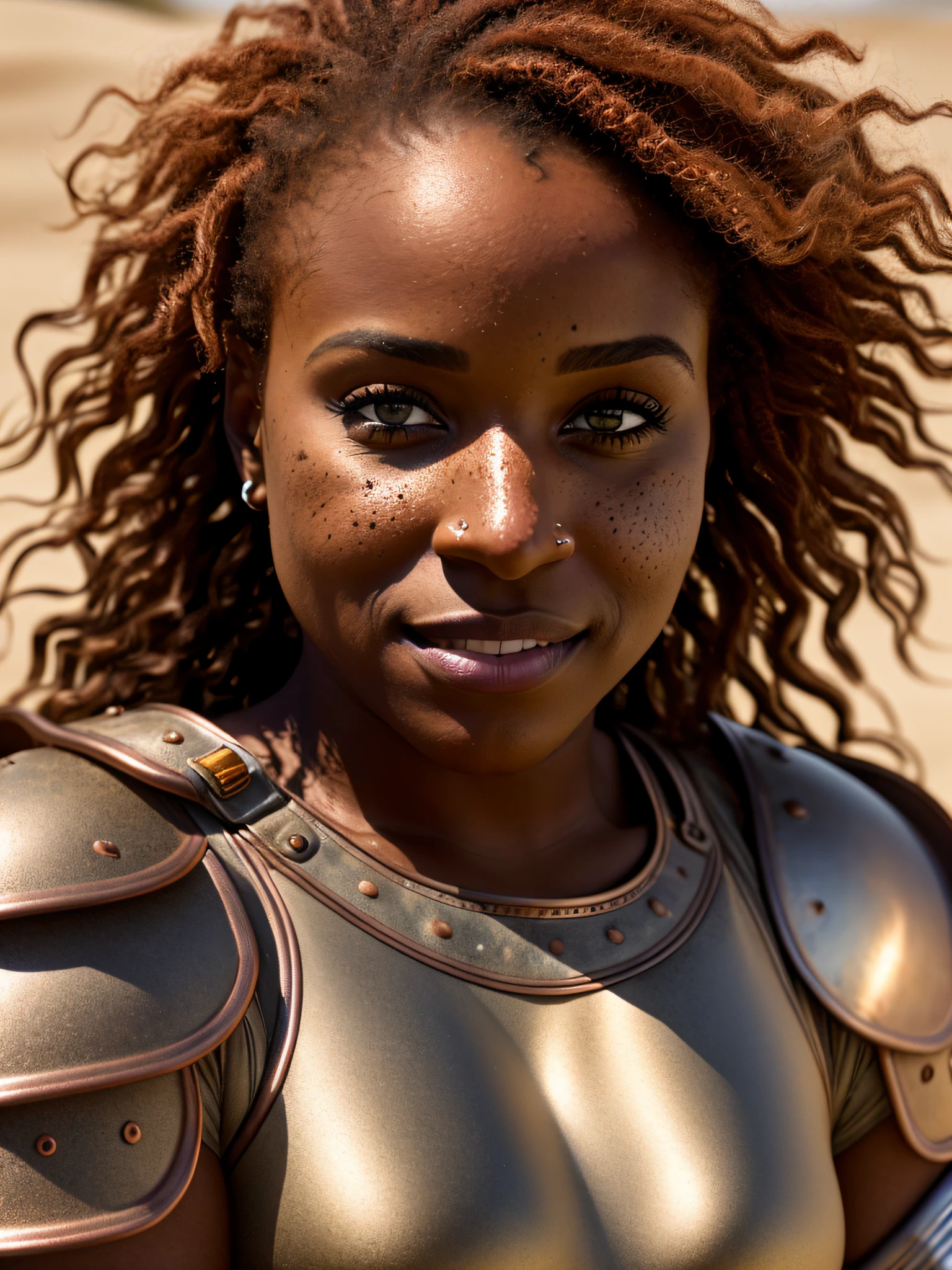 Photo, Raw, [bokeh], shallow DOF, sharp eyes focus , redhead, thicc body, full body shot, alone, ((30 year old black woman )), (((ultra realistic detailed eyes))), intricate eye details, cute smile, sweaty, wearing medieval copper plate armor , model shoot pose, ultra skin texture, ((ultra skin details)), skin imperfections, intricate details, ( sitting in dark sand dunes  ), long messy hair, fog, volumetric lighting, ((streaking light across face)), hair light, bloom, golden hour, dark shadows, visually interesting , low key, ultra realism