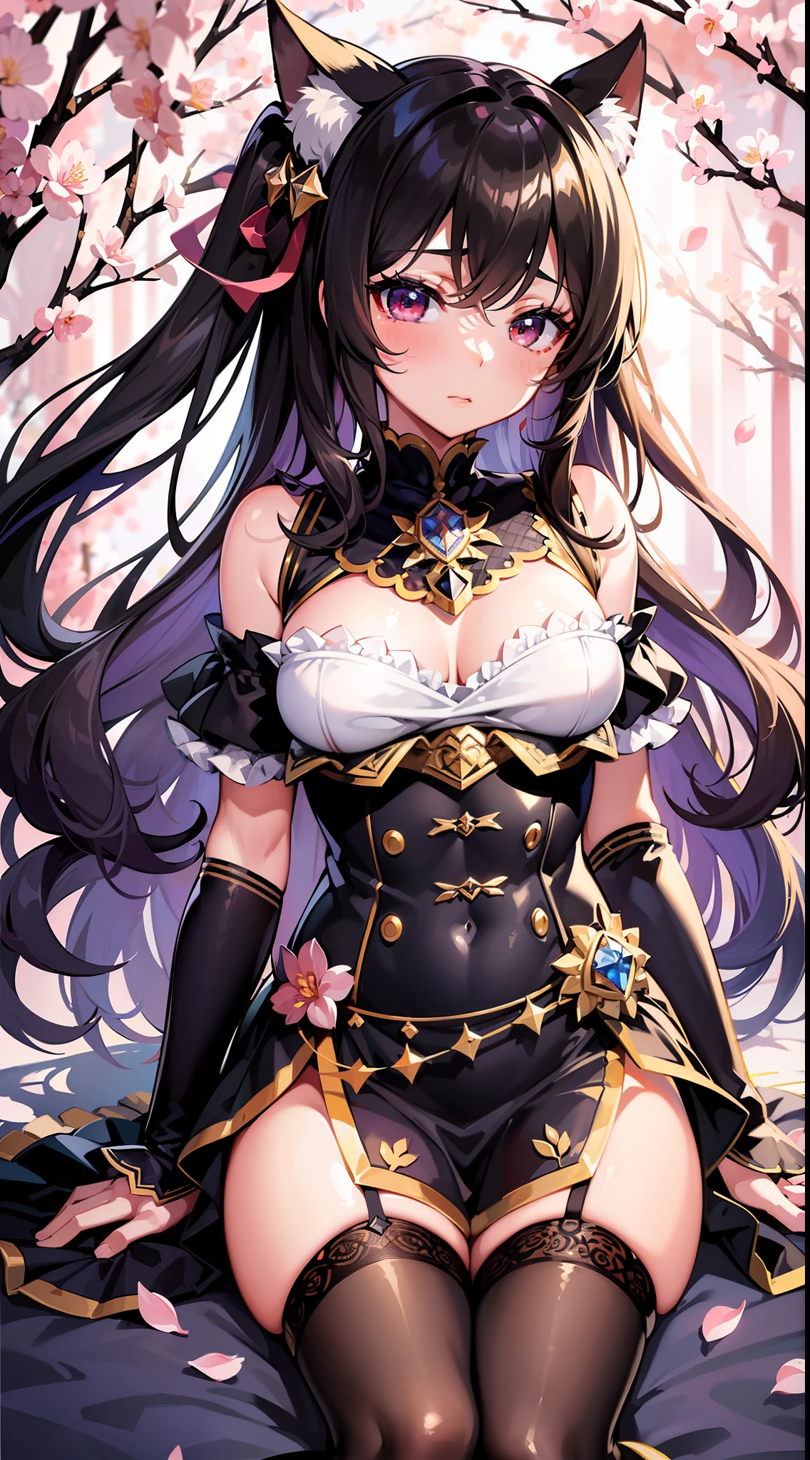 (masterpiece, ultra-detailed), ゴスロリ, リボン, Black stockings, A little girl, きらきら, Eyes that shine like jewels, 屋内、romantic lighting, soft focus, ネオン, cherry blossom petal, wide shot, best quality