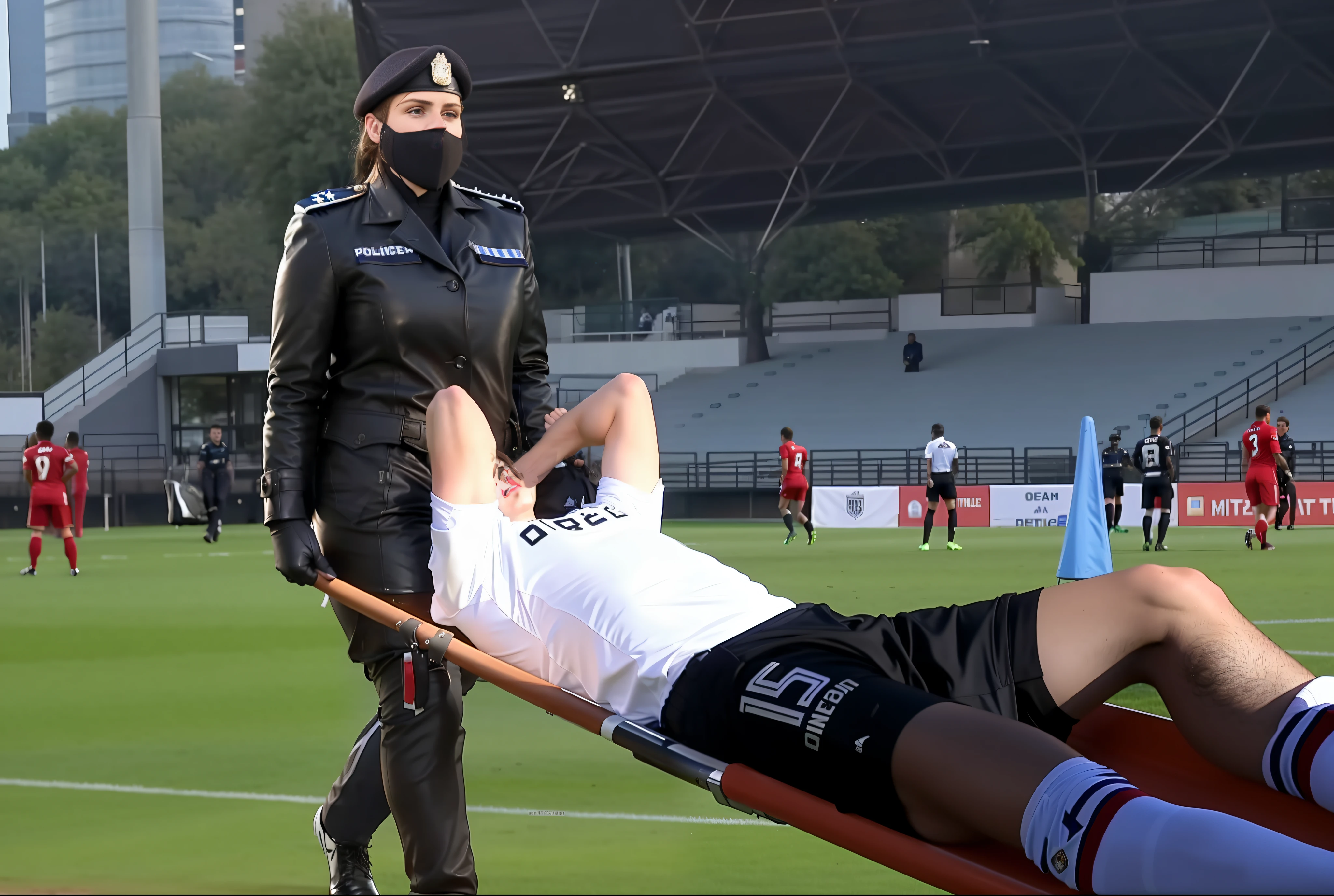 THERE IS A POLICEWOMAN WEARING A SHINY BLACK LEATHER COAT, shiny LEATHER COAT, a LONGHAIRED POLICEwoman without face-mask is wearing a very high-gloss and waterproof leathercoat and shiny leather pants, the policewoman is carrying a stretcher in a sports stadium, on the stretcher lies a young Caucasian football player, the football player is wearing a white short-sleeved shirt and black shorts, the soccer player is lying on his back on the stretcher and is covering his face with both hands, the maskless policewoman is angry and shouts out loud, the policewoman is frightened and looks very concerned, the policewoman is loving the soccer player and is sending enormous amorous looks to him, the policewoman is carrying the stretcher out of the soccer field, the sports field in the background is a soccer field with a large visitors' stand, a soccer match is playing in the background, the sports field in the background is a soccer field with a large visitors' stand, a soccer match is playing in the background, dramatic action pose, dramatic suffering pose, accident scene, first-aid-scene, theatralic pity poses