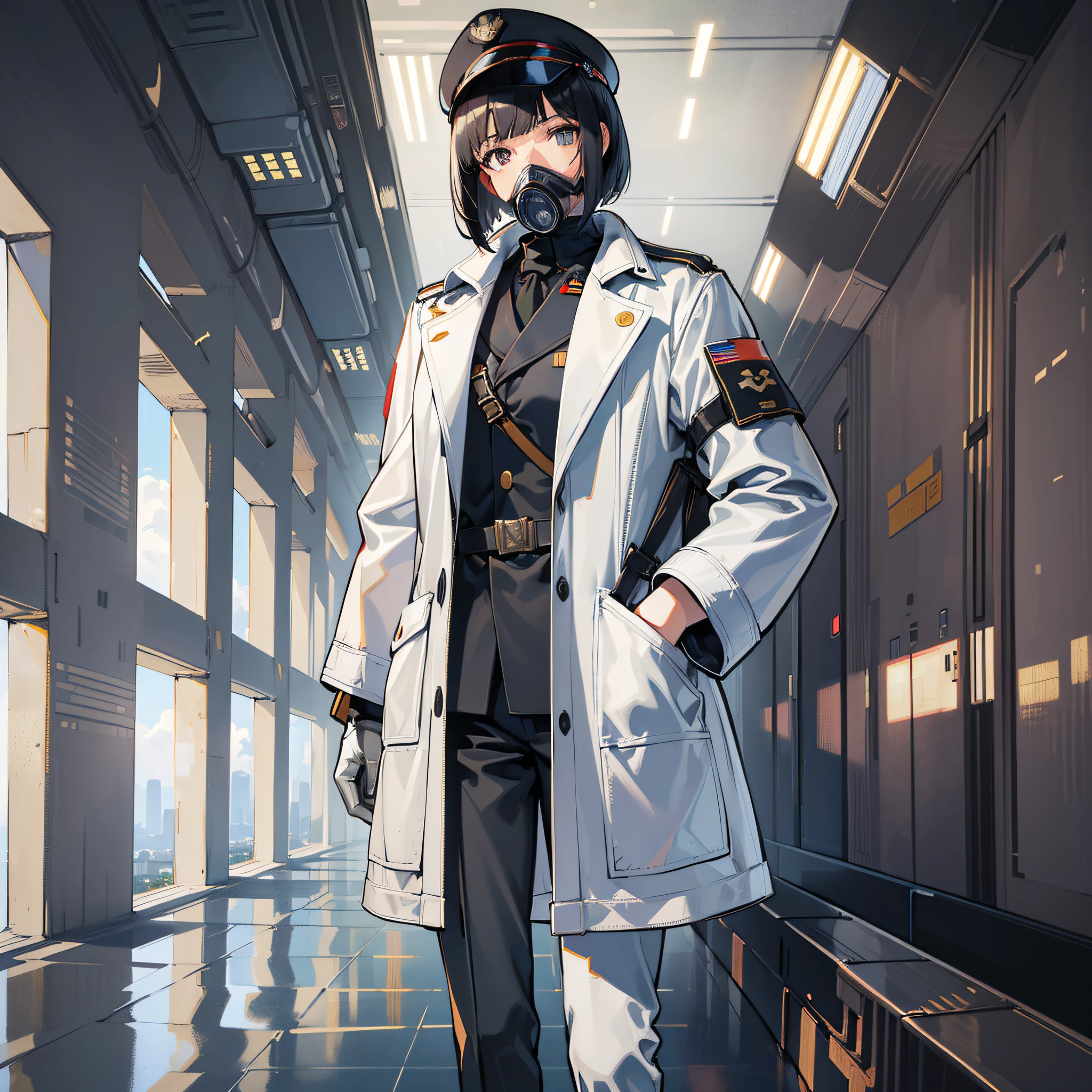 ((Masterpiece)), ((Best Quality)), ((Best Quality)), (Illustration of One Girl), Full Body, 25 Years Old, (Admiral), Black Hair Bob Cut, (((Gas Mask Covering Face)), Gray Eyes, (Tall)), ((Military Uniform)), ((Military Uniform)), (Military Hat)), ((Army Coat)), (White Clothes), (White Pants), (White Hat), Trench Coat, ((Inside the Spaceship)), (Outside the Window, Space, Earth seen from space, spaceport)