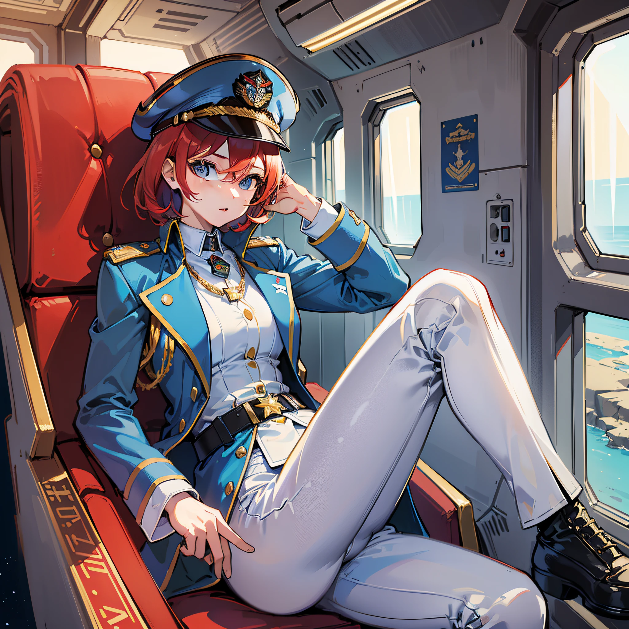 ((Masterpiece)), ((Highest Image Quality)), ((Best Quality)), (Illustration of One Girl), Full Body, 25 Years Old, Short Red Hair, (Thin Hair on Both Sides of Face), Blue Eyes, (((Tall)), ((Muscular Strong Body)), ((Manspreading)), Open Legs, (((Military Uniform)), (Military Hat)), (Military Coat)), (White Clothes), (White Pants), (White Hat), Trench Coat, ((Inside the Spaceship, Sitting in the Captain's Seat)), (Outside the Window, Space, Earth as seen from space)