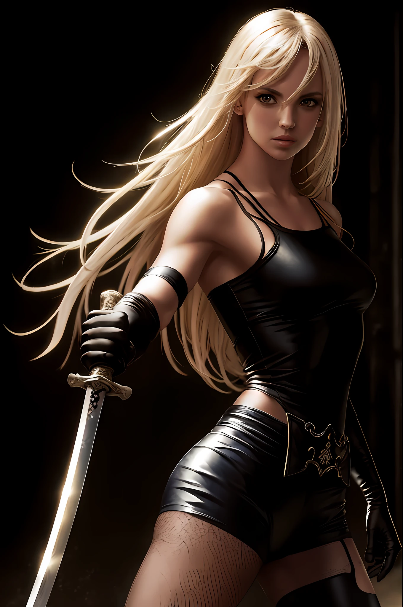 britney spears, kill bill, masterpiece, 8k, high quality (photography) of (Beautiful) (yorha type a no. 2), (NIER), (detailed face), maximum detail, (fuzzy lighting), CANON EOS, (cinematic:1.2), (ISO 100:1), armband, bare shoulders, black gloves, black tank top, pantyhose, blue eyes, elbow gloves, gloves, hair between eyes, joints, long hair, science fiction, crop tank, long white hair,  pose with (katana), shiny blade