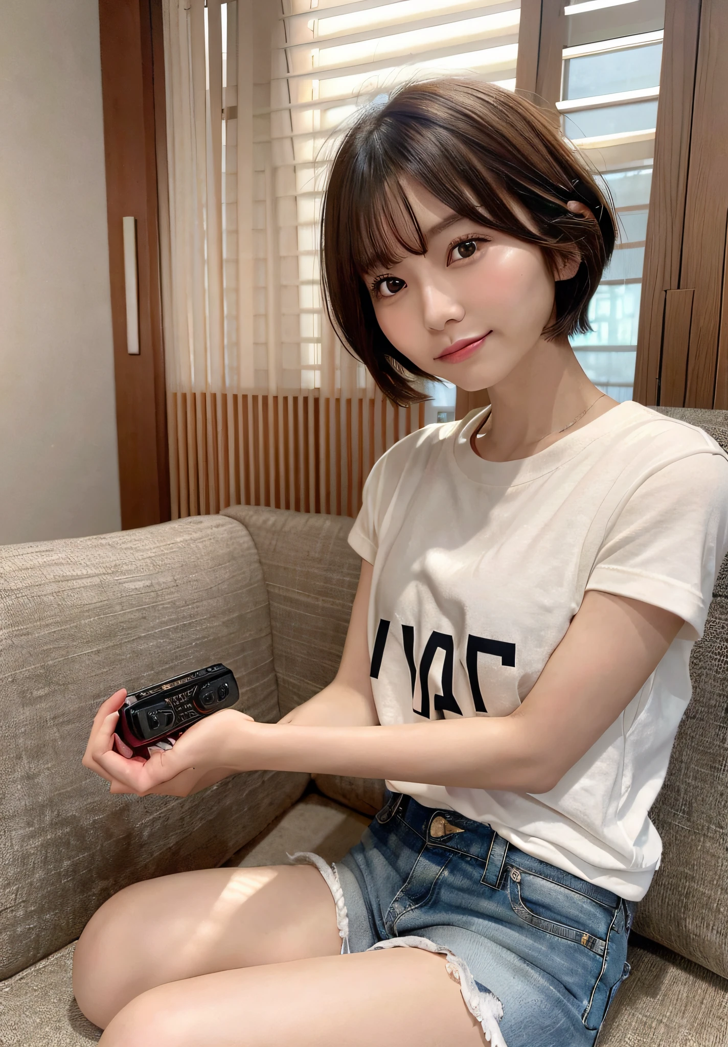 There is a woman sitting on sofa with remote control, very short hair, girl cute face, Chiho, Yoshitomo Nara, portrait of a girl, short cut hairstyle, Japan model, cute-fine-face, Nozomi Sasaki, beautiful Japan girl face, plain white t-shirt and shorts, mature expression