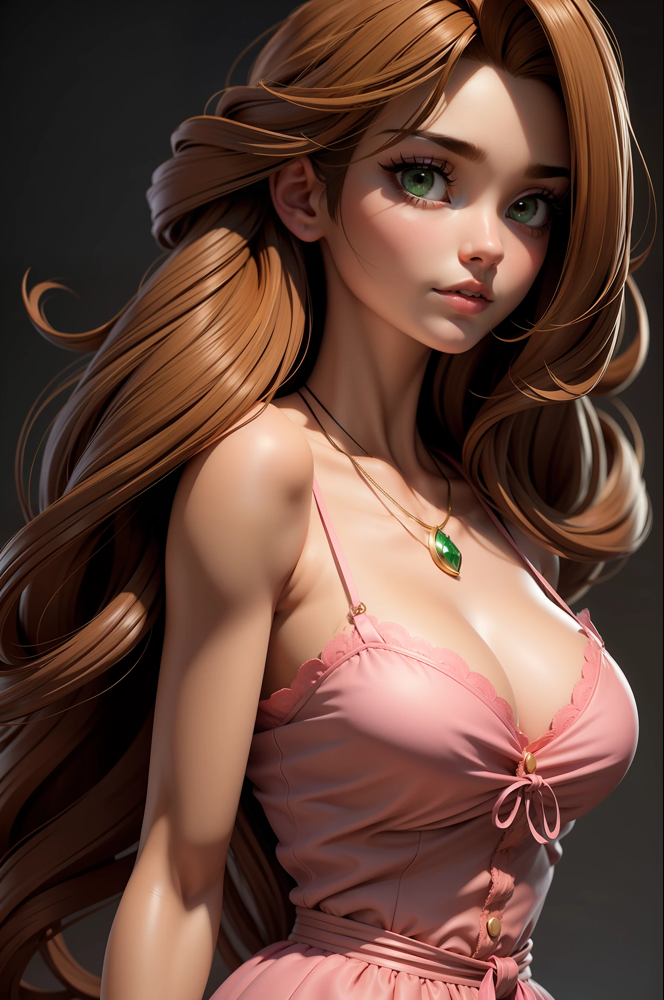 masterpiece, best quality,3d rending work ,3DMM style,close-up,portrait, 3D,1girl, solo, brown hair, string necklace, looking to the side, realistic, upper body, simple background, bangs, looking away, long black hair, parted lips, makeup, long brown curly hair, green eyes, pink lingerie, cleavage, aerith gainsborough, aerith