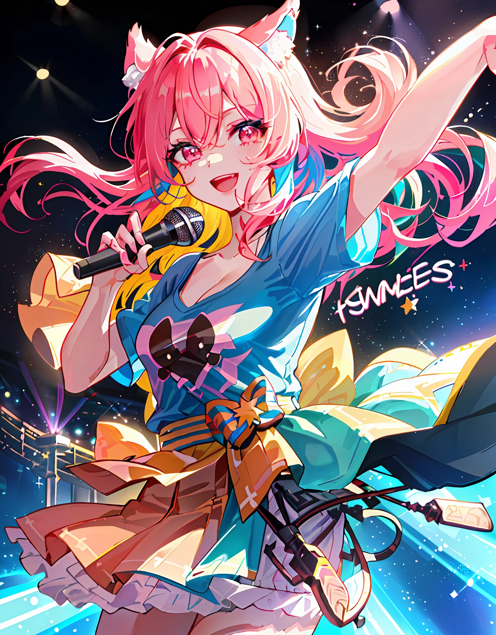Thick: 3, 8k, masterpiece, dynamic angle, upper body, ((Detailed eyes and detailed face: 1.2))))), ((Perfect human hand, super detailed human 5 fingers)))), ((Perfect human foot)), upper body, 2 girls, smile, wolf ears, wolf tail, pink eyes, hair between eyes, (wink)))), D cup, cleavage, striped hair, (Colorful hair colors: 1)))), ((((Random hair color: 1)))), variegated hairstyle: 1, twin tails, ultra-detailed gradient hair, ((((T-shirt with kagenari letters)))), ruffled dress, love live, jewelry, best stage, climax, professional stage, ((((Perfect singer holding the microphone with left hand and singing emotionally, perfect singer, screaming: 1.2, overflowing emotions, Best smile))), Singer, Vocalist: 1, Idol, Diva, Professional Stage, Professional Lighting, Live Lighting, Distract the Gaze, Fan Service: 1, ((Singing on the stage of the AI spaceship (background, AI spaceship: 1.2)))), ((Singing on the stage of the AI spaceship: 1.2)), (Panchira, cute panties)), full audience