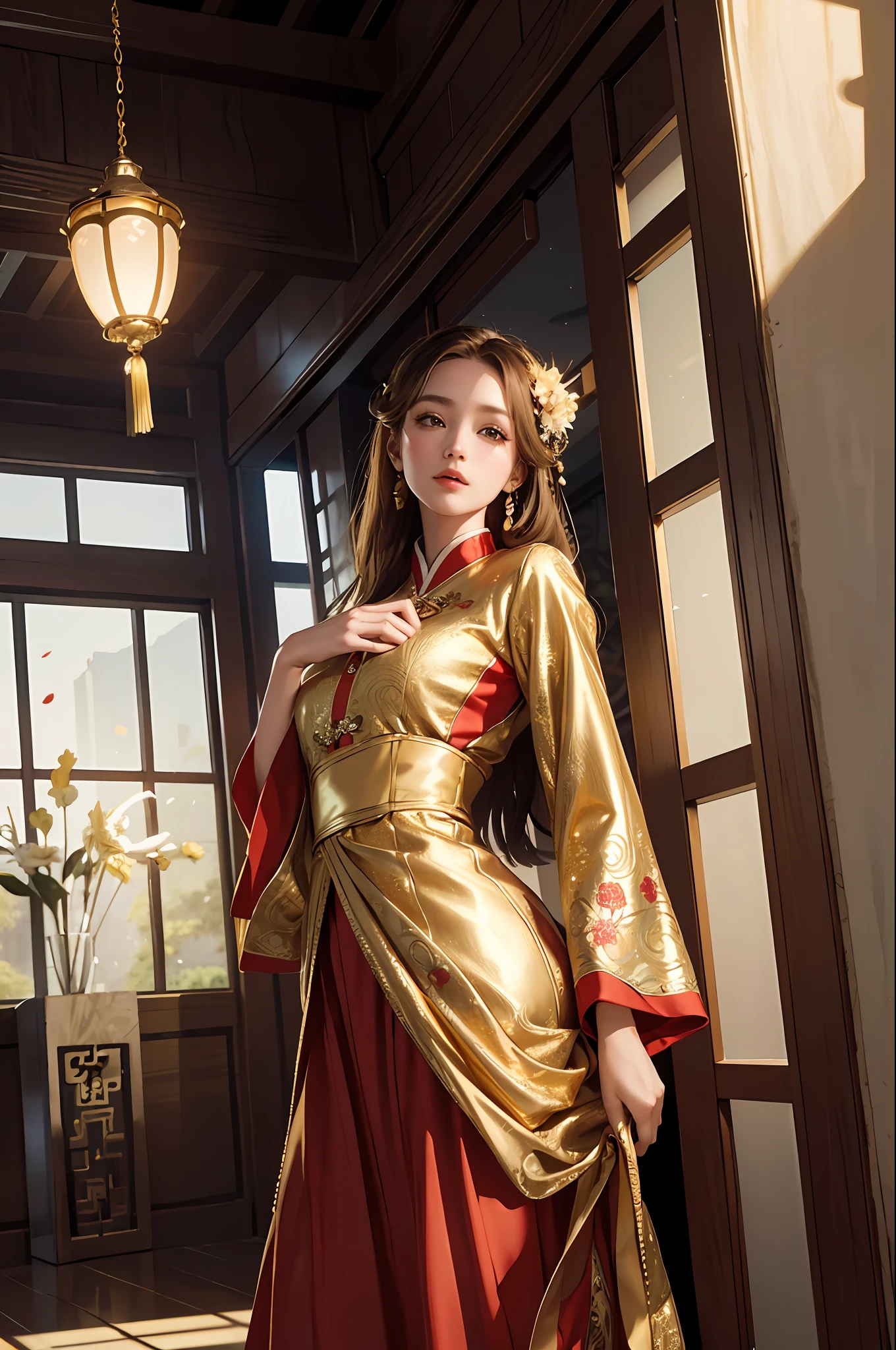 best quality, masterpiece, highres, (exquisite body:1.5),gorgeous face,(milky skin:1.3),intricate details,high resolution,wallpaper,
1girl, solo, dress, hair ornament, (((gold and red dress))), flowers, long hair, brown hair, closed mouth, jewelry, long sleeves, hand up, wide sleeves, big eyes,floating hair, chinese clothes, hanfu, embroidery, long skirt, natural pose, falling petals, indoor,fanning, lantern,
16K,HDR,highres,depth field,(film grain:1.1),boken,golden hour,(lens flare),vignette,rainbowing,(color grading:1.5)