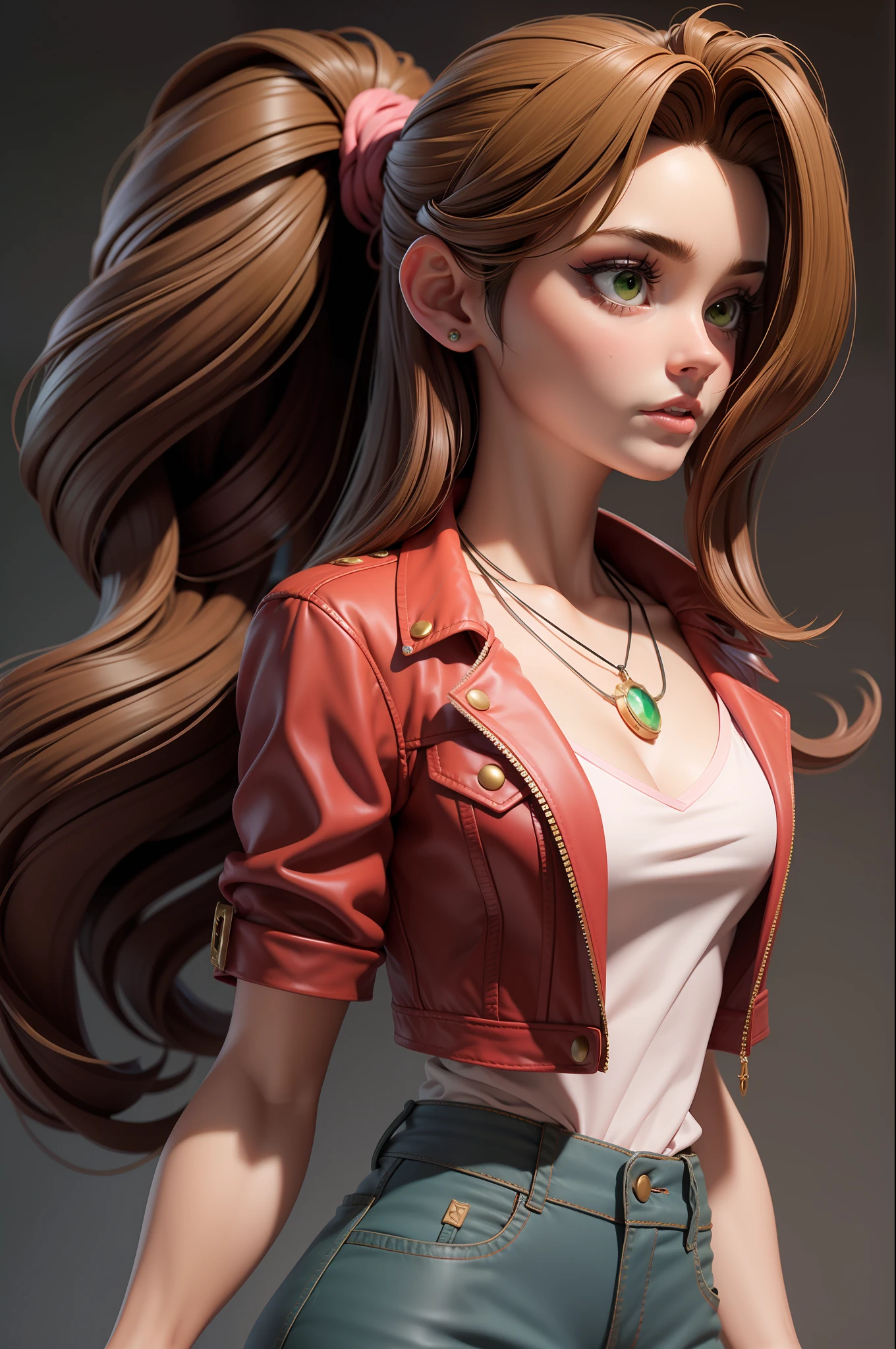 masterpiece, best quality,3d rending work ,3DMM style,close-up,portrait, 3D,1girl, solo, brown hair, string necklace, looking to the side, realistic, upper body, simple background, bangs, looking away, long black hair, parted lips, makeup, long brown curly hair, green eyes, small pink dress, red denim crop jacket, cleavage, aerith gainsborough, aerith