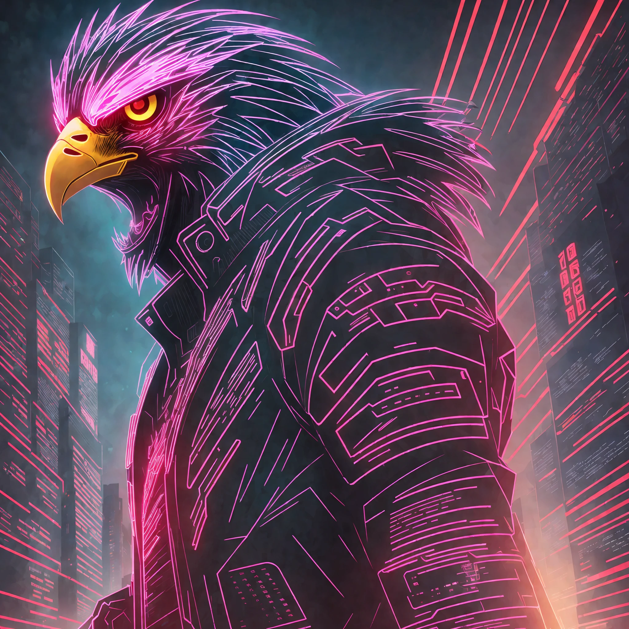 Eagle character,cyberpunk, neon with capus and red eyes with black gold background --auto --s2