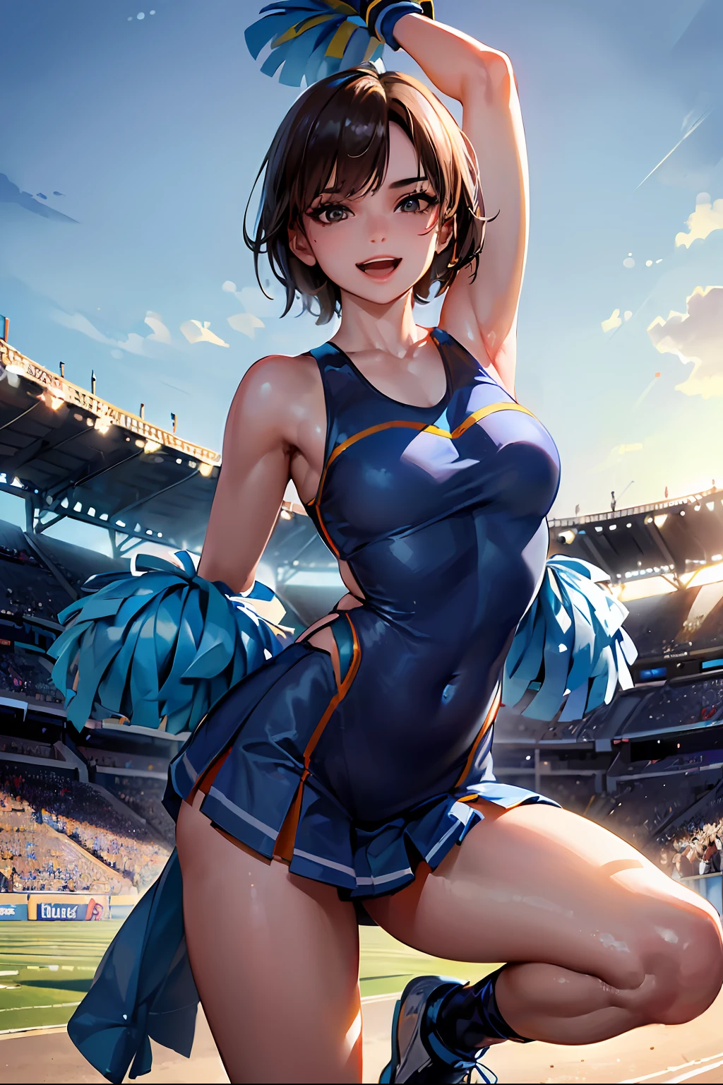 (((Best Quality, 8k, photo realistic:1.4, Masterpiece))), back Lighting, highly detailed facial textures women, 18yo, (((blue Cheerleader:1.2))), ((Stadium Background: 1.2)), arm up, beautiful make up, black eyes, smile, open mouth, shiny brown messy short hairstyles, squat pose, cowboy shot