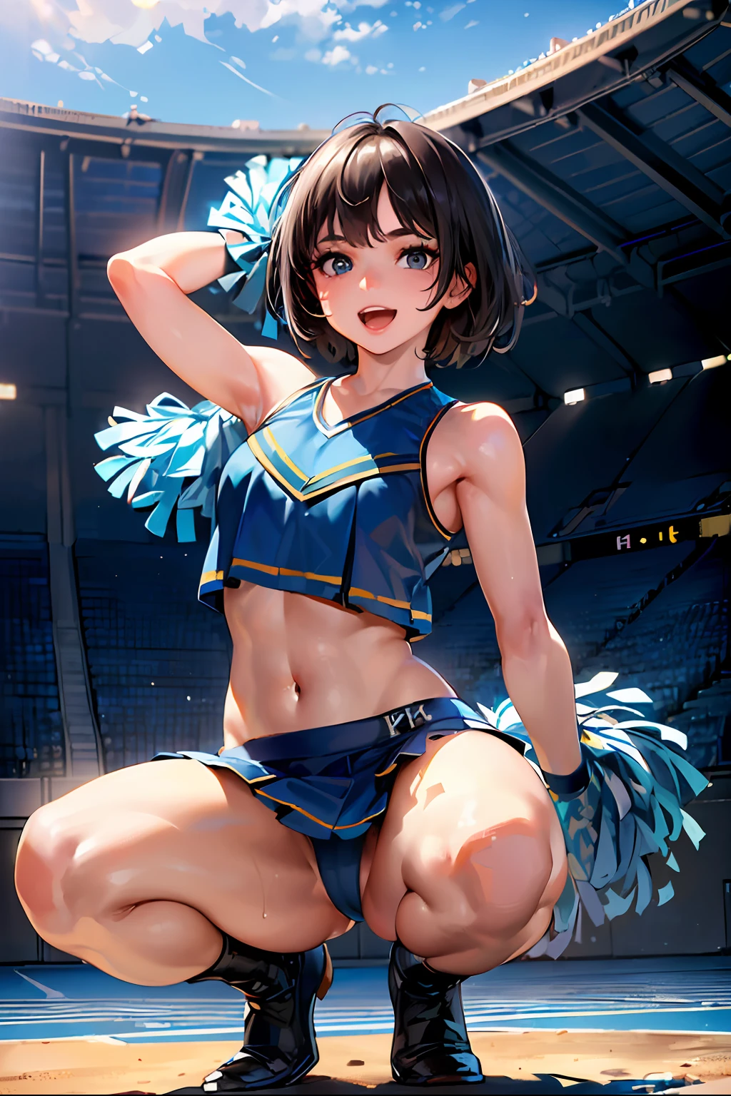 (((Best Quality, 8k, photo realistic:1.4, Masterpiece))), back Lighting, highly detailed facial textures women, 18yo, (((blue Cheerleader:1.2))), ((Stadium Background: 1.2)), arm up, beautiful make up, black eyes, smile, open mouth, shiny brown messy short hairstyles, squat pose, cowboy shot