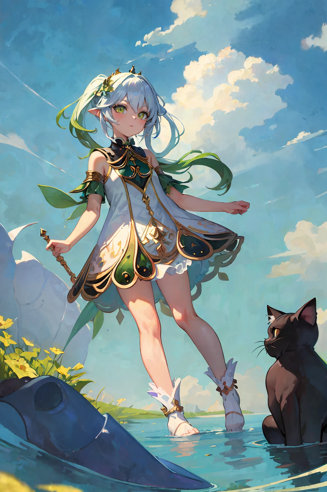 (((masterpiece))),bestquality,illustration,beautifuldetailedglow,
paper_cut, simple background, full body,water,clouds,colorful, floral background, cat,fantasy, gem,crown, (1girl),solo,