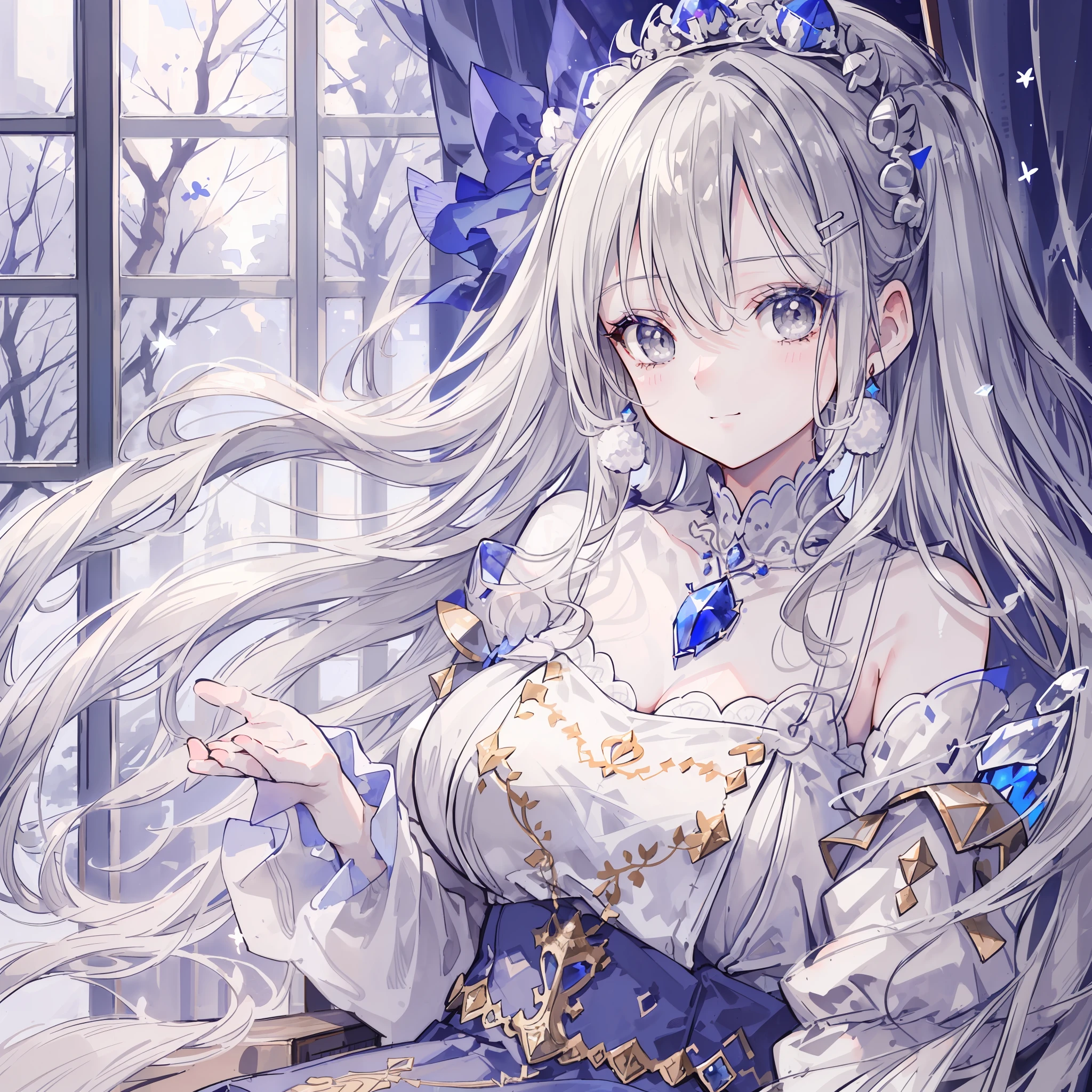 (Masterpiece), (Best Quality), (1 Girl)), Amazing, Beautiful Detail Eyes, Fine Details, Depth of Field, Original, ((Best Quality)), ((Super Detailed)), (Best Illustration), (Best Lighting, Best Shadow), (Very Delicate and Beautiful)), Very Detailed Wallpaper, Dream Background, From View, Landscape, Young Girl, Lori, Full Body, Long White Hair, (((Gray Eyes)), Beautiful Detail Eyes, Medium Breasts, (((Cobalt Long Skirt)), Fluffy Long Sleeves, Hair Accessories, necklace, winter, light, light makeup, interior, blush, looking out the window, wind blowing, floating, sitting at table, glass window, mirror, smirk