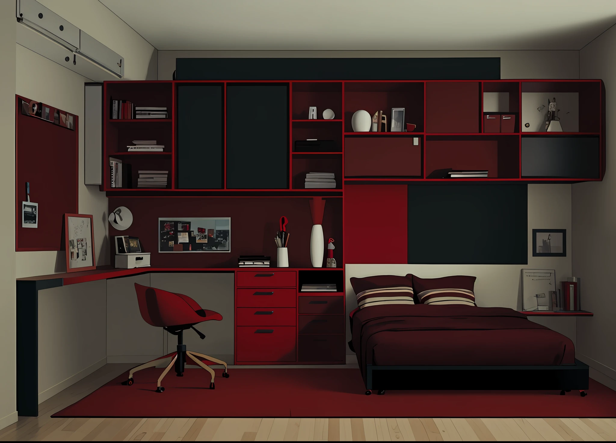 there is a bedroom with a bed, desk, and a chair, small and cosy student bedroom, studyng in bedroom, red and brown color scheme, home office interior, red and black colour scheme, red brown and white color scheme, rendered in corona, cyberpunk childrens bedroom, furnished room, red and black color scheme, rendered in lumion pro --auto --s2