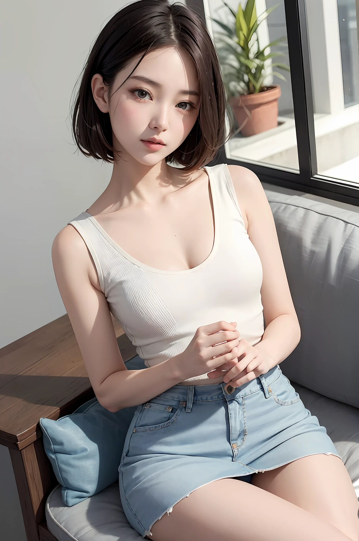 Fashion trendy beautiful and charming woman, gentle and charming Chinese beautiful woman, delicate and sexy collarbone, charming oval face, double eyelids, smart peach blossom eyes, pink lips, small nose, bare shoulders, focus on the face, close-up of the face, Ultra-high-definition, super-detailed, full-body photo, ultra-thin and light-transmitting, with this light blue denim skirt and beige T-shirt, the gentle light-colored matching makes the skin white and beautiful, and the temperament is outstanding, plus the whole matching is elastic The combination also shows the figure, and can be seen through