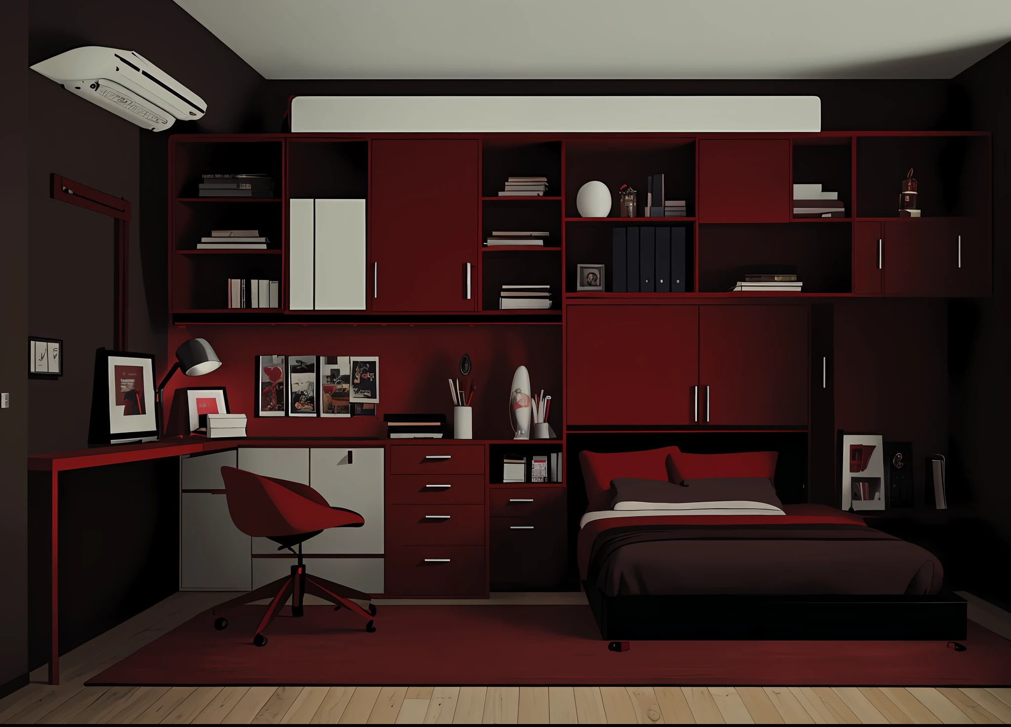 there is a bedroom with a bed, desk, and a chair, small and cosy student bedroom, studyng in bedroom, red and brown color scheme, home office interior, red and black colour scheme, red brown and white color scheme, rendered in corona, cyberpunk childrens bedroom, furnished room, red and black color scheme, rendered in lumion pro --auto --s2