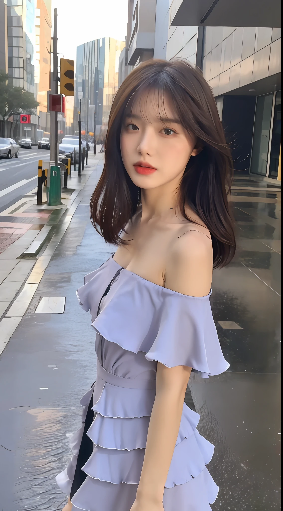 ((Best Quality, 8k, Masterpiece: 1.3)), Focus: 1.2, Perfect Body Beauty: 1.4, Buttocks: 1.2, ((Layered Haircut, Flat Chest: 1.2)), (Rain, Street:1.3), Bandeau Dress: 1.1, Highly Detailed Face and Skin Texture, Fine Eyes, Double Eyelids, Whitened Skin, Long Hair, (Shut Up: 1.3), Full Body