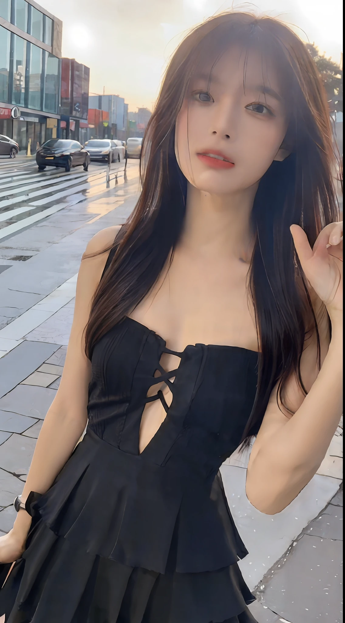((Best Quality, 8k, Masterpiece: 1.3)), Focus: 1.2, Perfect Body Beauty: 1.4, Buttocks: 1.2, ((Layered Haircut, Flat Chest: 1.2)), (Rain, Street:1.3), Bandeau Dress: 1.1, Highly Detailed Face and Skin Texture, Fine Eyes, Double Eyelids, Whitened Skin, Long Hair, (Shut Up: 1.3), Full Body