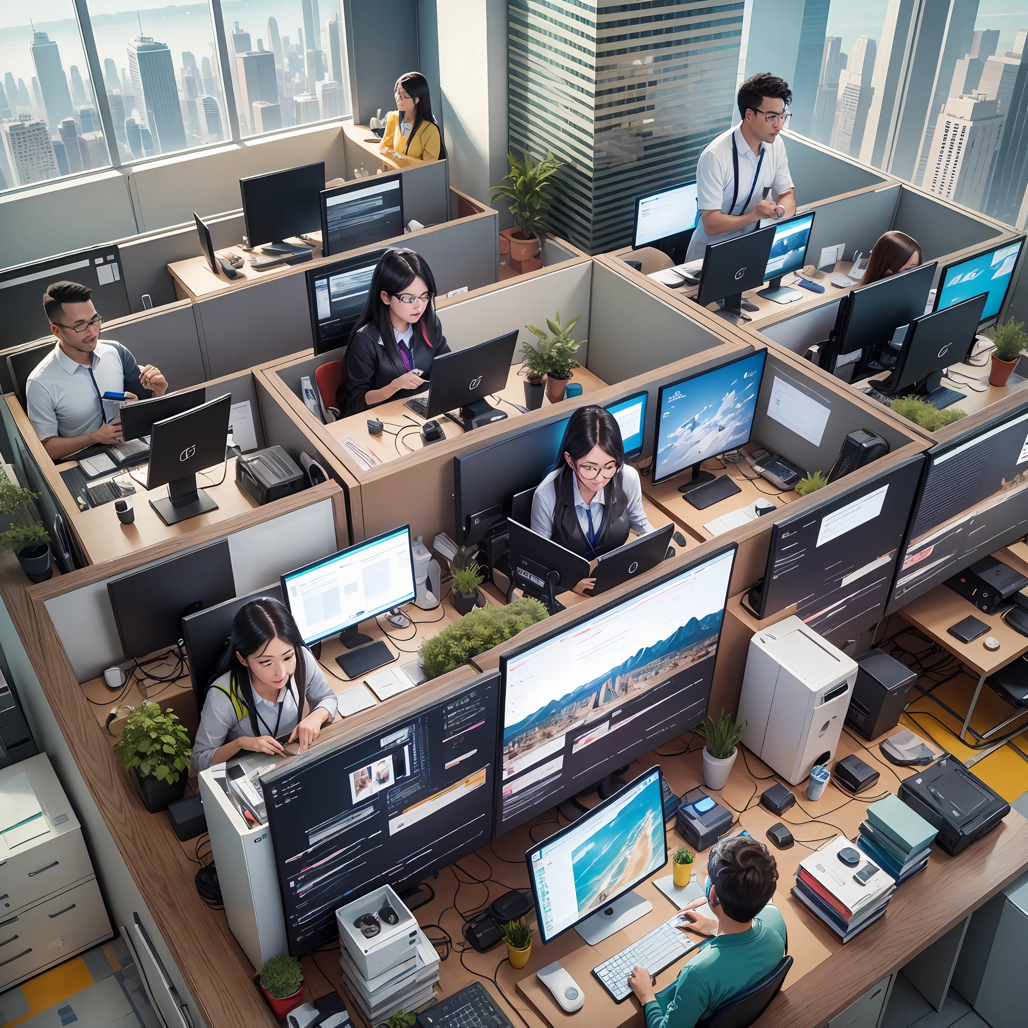 birds eye view of realistic team of multicutural tech company co-workers in modern office space at desktops sitting at desks using their desktop computers and desk phones --auto --s2