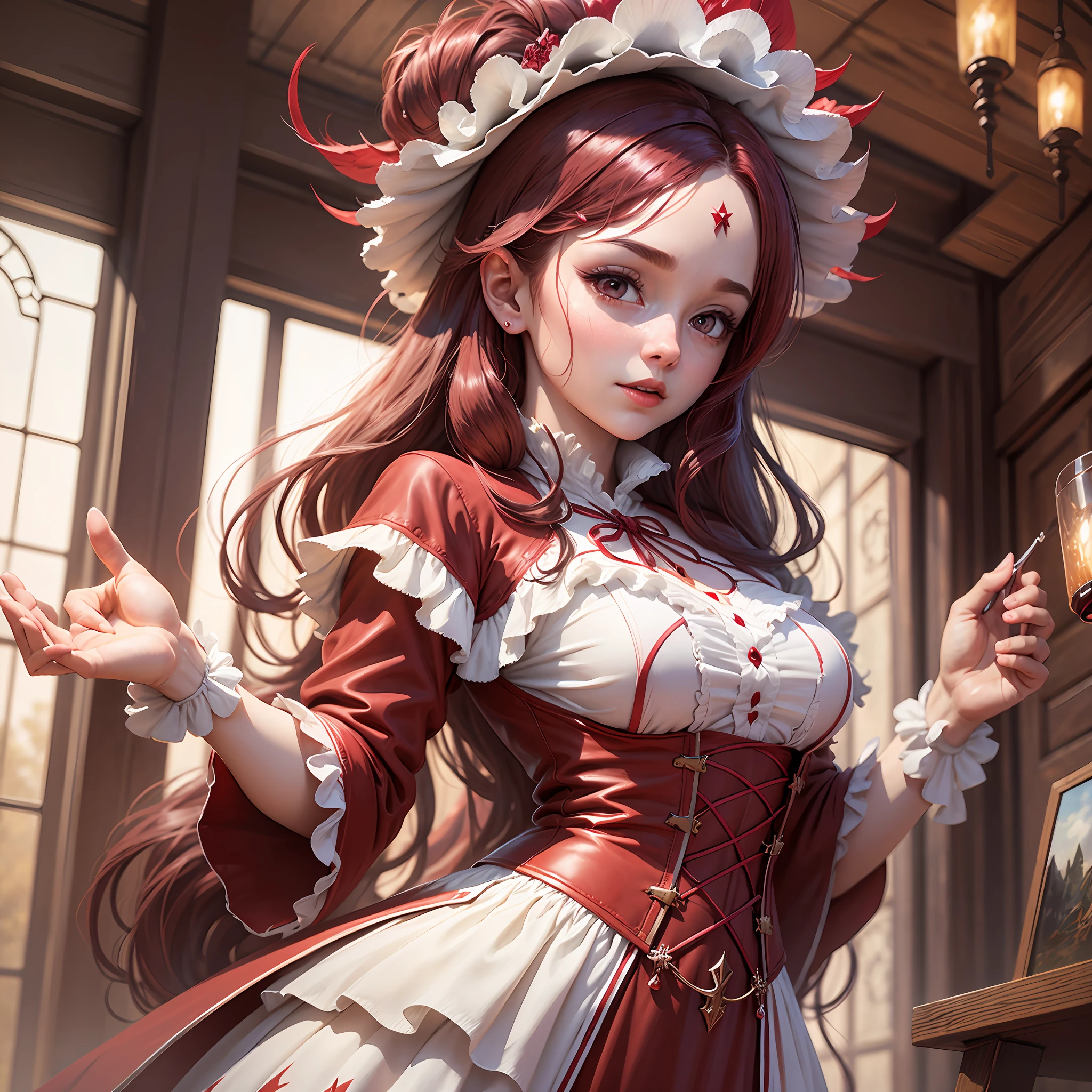 (masterpiece), the best quality, highly detailed CG Unity 8k wallpaper, depicts a dumb girl dressed in a red and white witch costume, her burgundy hair shining with divine brilliance. --auto --s2