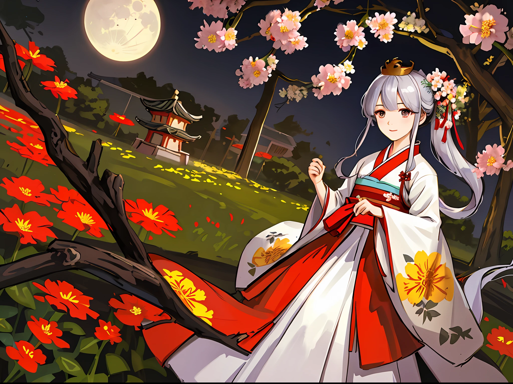 best quality, high_resolution, distinct_image, detailed background ,girl, hanbok,flower,garden,moon, night,dutch angle, wide shot, crown,