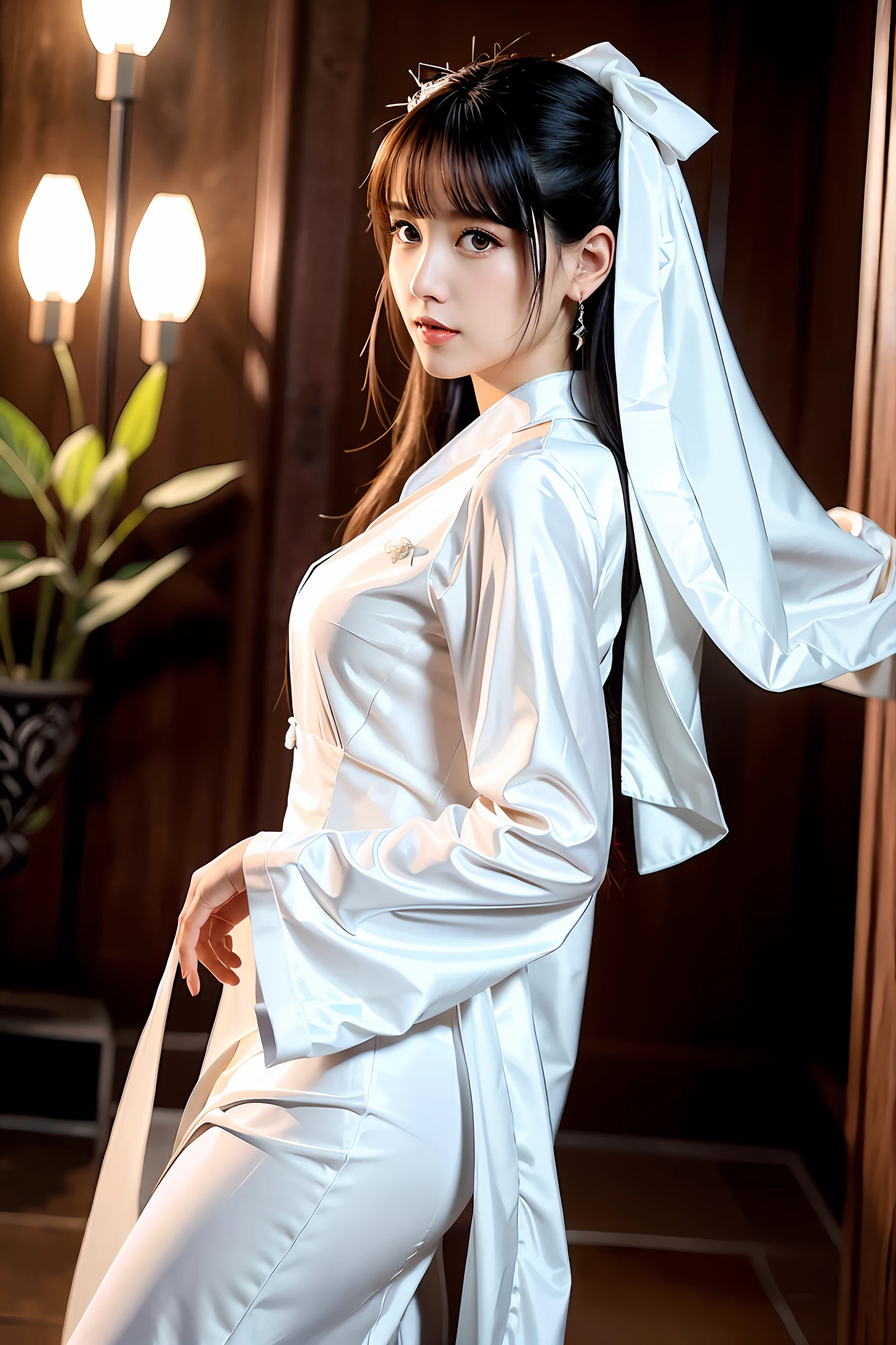 a close up of a woman in a white dress standing in front of a flower, wearing white silk robe, white robe with gold accents, long flowing white robe, white hanfu, long luxurious gown, wearing dramatic aristocrat robe, wearing long gown, wearing long white robe, wearing a luxurious silk robe, gorgeous aristocrat robe, white and gold priestess robes