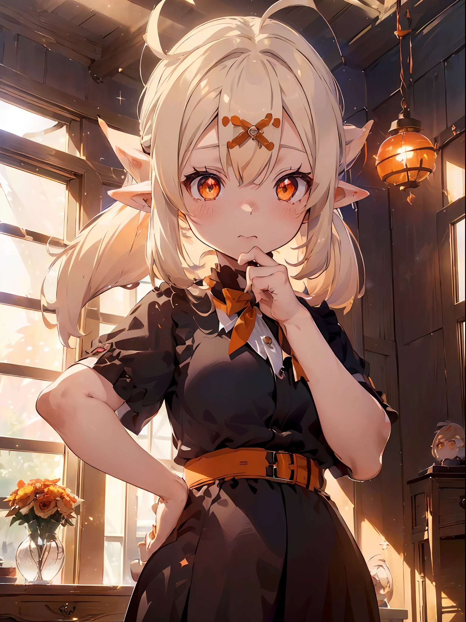 ((huge ahoge, pupils sparkling, orange eyes, amber eyes, blush, anime style, bloom, cinematic lighting, god rays, ray tracing, close-up, masterpiece, super detail,)) ((1girl, genshin, genshin impact, klee, red eyes, orange eyes, silver hair, elf ear, loli, flat,)) ((casual, living room,)