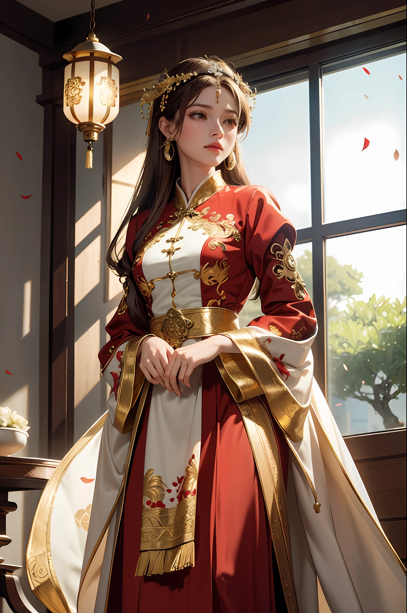 best quality, masterpiece, highres, (exquisite body:1.5),gorgeous face,(milky skin:1.3),intricate details,high resolution,wallpaper,
1girl, solo, dress, hair ornament, (((gold and red dress))), flowers, long hair, brown hair, closed mouth, jewelry, long sleeves, hand up, wide sleeves, big eyes,floating hair, chinese clothes, hanfu, embroidery, long skirt, natural pose, falling petals, indoor,fanning, lantern,
16K,HDR,highres,depth field,(film grain:1.1),boken,golden hour,(lens flare),vignette,rainbowing,(color grading:1.5)