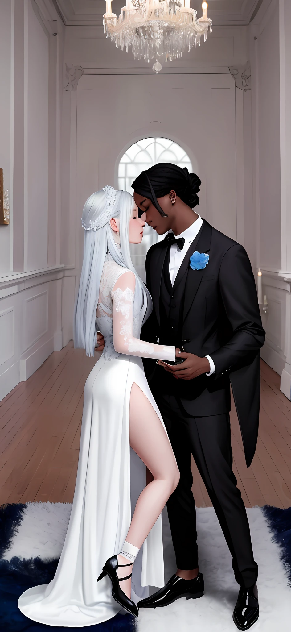 there is a white woman in a white gown and a black young man, dark elf man with long white hair in a room with a blue rug, inspired by Wang Duo, inspired by Adélaïde Victoire Hall, holding a 🛡 and an 🪓, black-white skintight robes!, dancing with each other, fashion gameplay screenshot, chaos nightmare ❄️ amour, nixeu and sakimichan, inspired by Ren Renfa