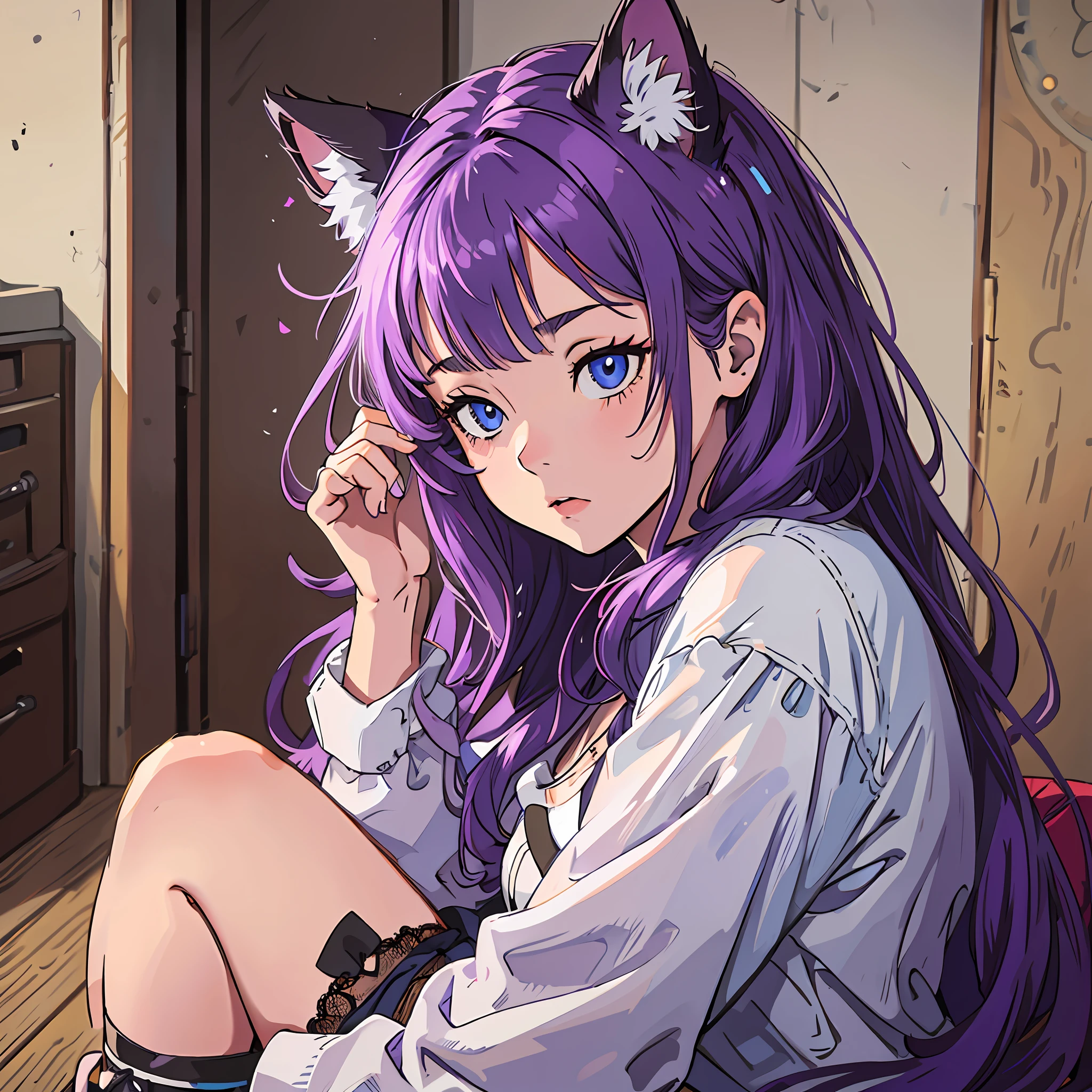 A  girl, pinned up hair, purple hair, sky blue eyes, cat ears, cats black, Neko, lineart_anime