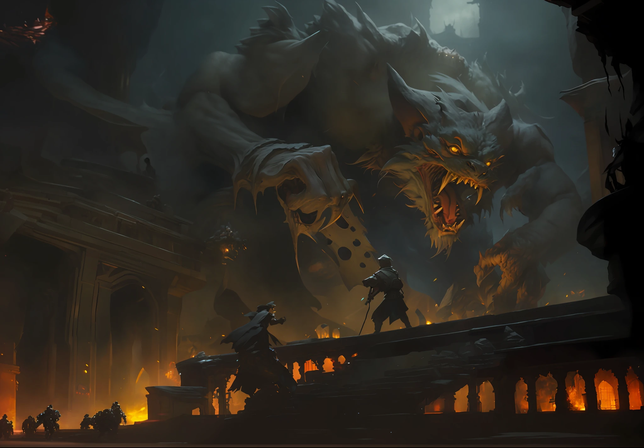 A group of soldiers rushed to the monster and walked on the stairs in front of a huge monster, 4K fantasy art, wallpaper D&D Art, Wojtek Fus