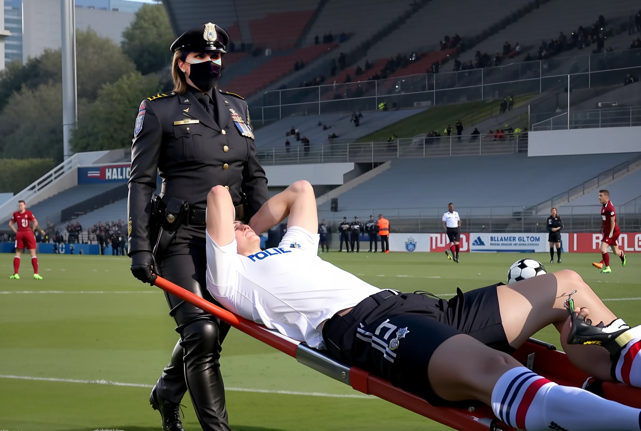 THERE IS A POLICEWOMAN WEARING A SHINY BLACK LEATHER COAT, shiny LEATHER COAT, a LONGHAIRED POLICEwoman without face-mask is wearing a very high-gloss and waterproof leathercoat and shiny leather pants, the policewoman is carrying a stretcher in a sports stadium, on the stretcher lies a young Caucasian football player, the football player is wearing a white short-sleeved shirt and black shorts, the soccer player is lying on his back on the stretcher and is covering his face with both hands, the maskless policewoman is angry and shouts out loud, the policewoman is frightened and looks very concerned, the policewoman is loving the soccer player and is sending enormous amorous looks to him, the policewoman is carrying the stretcher out of the soccer field, the sports field in the background is a soccer field with a large visitors' stand, a soccer match is playing in the background, the sports field in the background is a soccer field with a large visitors' stand, a soccer match is playing in the background, dramatic action pose, dramatic suffering pose, accident scene, first-aid-scene, theatralic pity poses