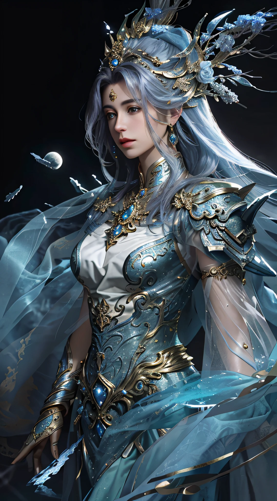 a large chest, gold clothing, the lunar landscape