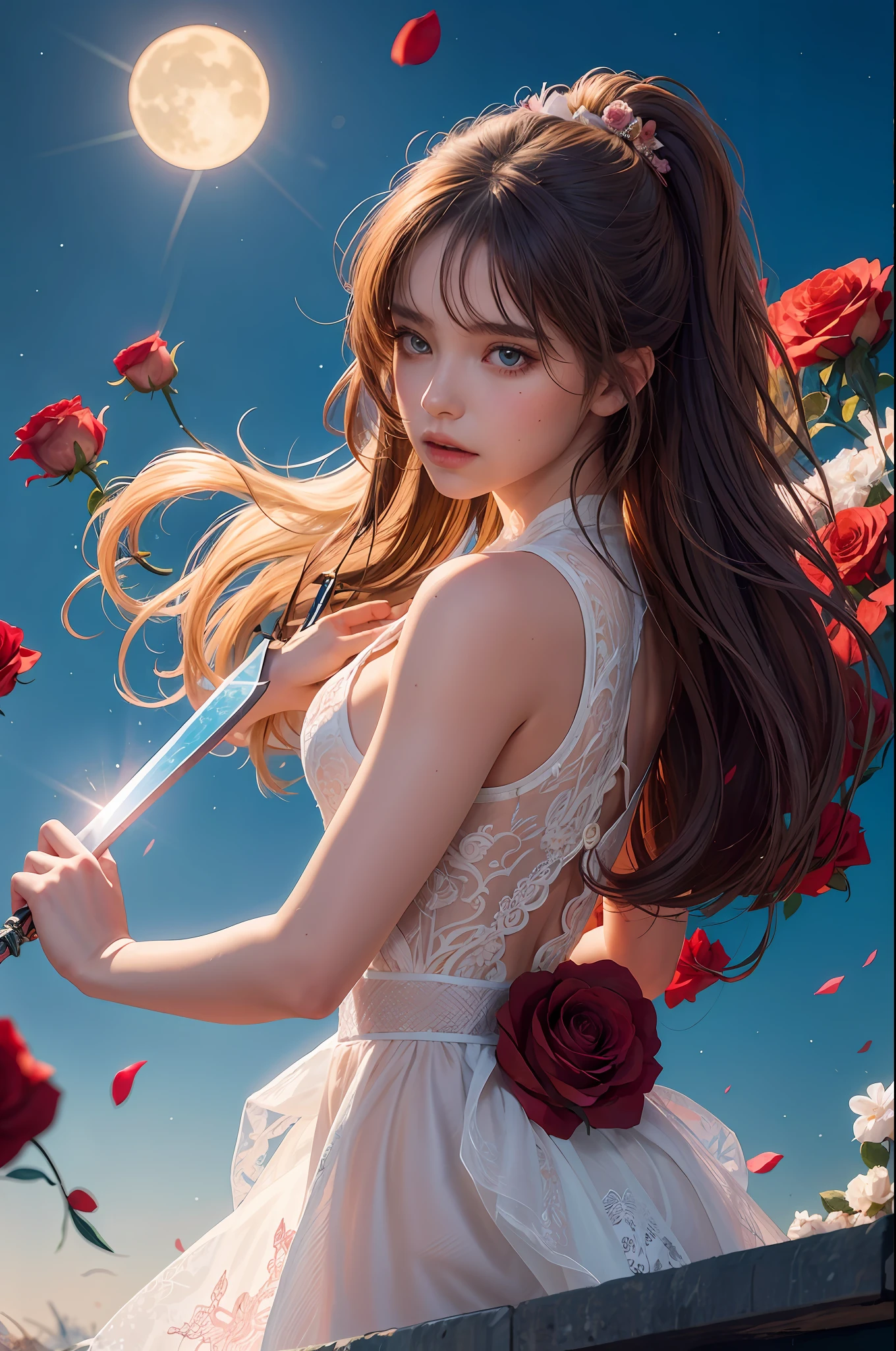 (1girl:1.3), solo, body parts, official art, best quality, ultra-realistic details, messy hair, beautiful, illustration background with roses, just emerging from the battlefield, cold eyes, holding a dagger