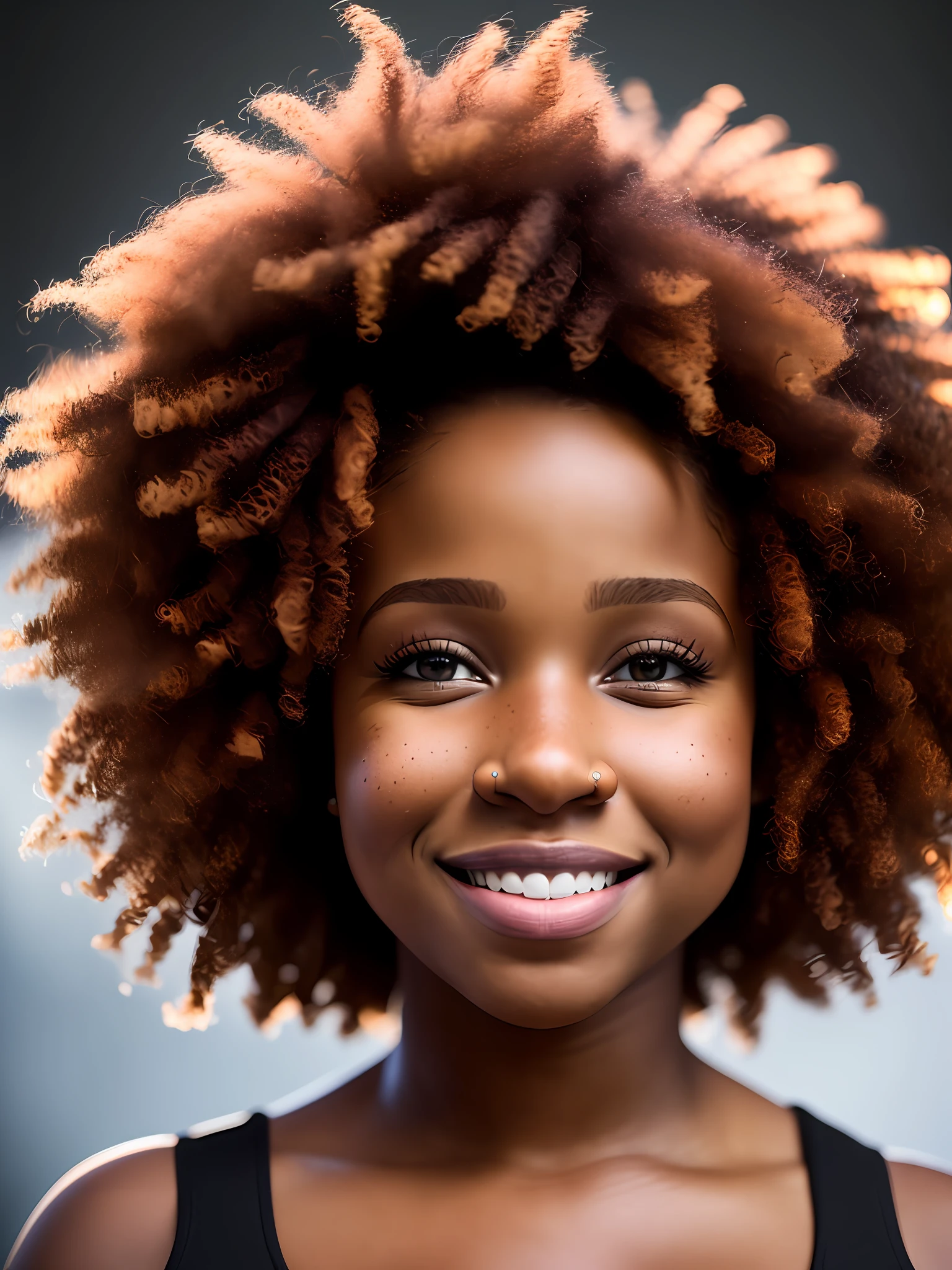 Photo, Raw, [bokeh], shallow DOF, sharp eye focus, redhead, thick body, full body shot, alone, ((30 year old black woman)), (((ultra realistic detailed eyes))), intricate eye details, cute smile, model pose, ultra skin texture, ((ultra skin details)), perfect skin, intricate details, long messy hair, fog, volumetric lighting, ((light strips on the face)),  light hair, bloom, golden hour, dark shadows, visually interesting, low key, ultra realism