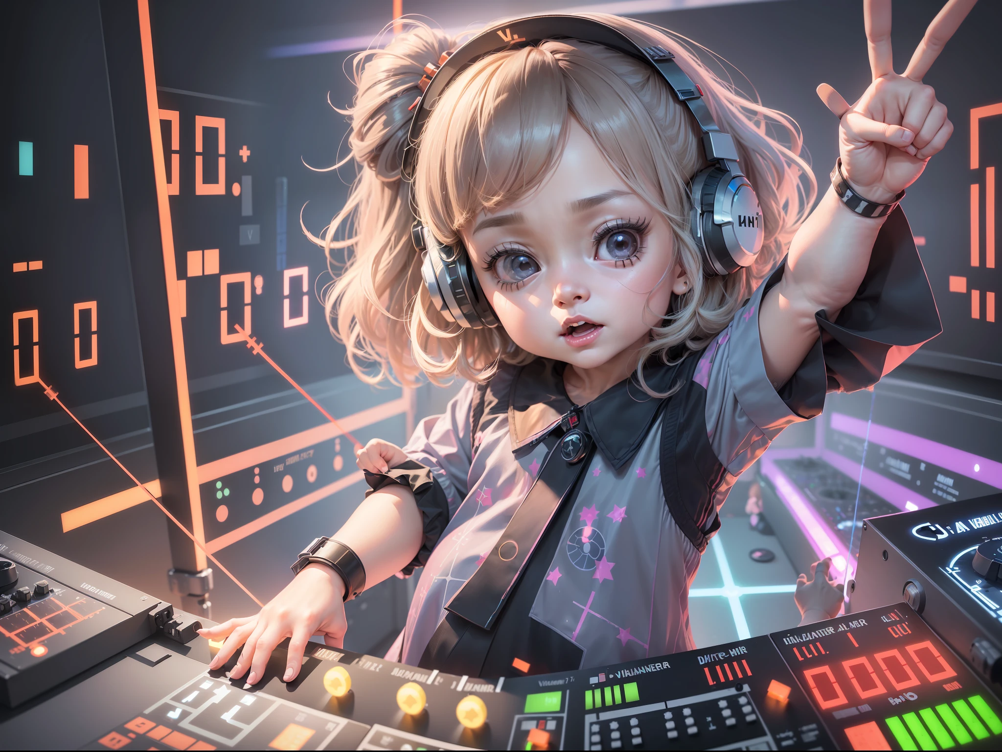 ((best quality)), ((ultradetailed)), ((masterpiece)), (she stands at the DJ console with one hand outstretched showing the victory sign with fingers and controlling the vernier with the other hand:1.8), pretty eyes, big eyes, cute, happy, laser show and lighting devices at background, chibi, fluorescent translucent, glowing body, kawaii, expression pose, intricate detail, high detail, 8k, studio lighting, li, pee, (child, chibi , character SD:1.1, 4K