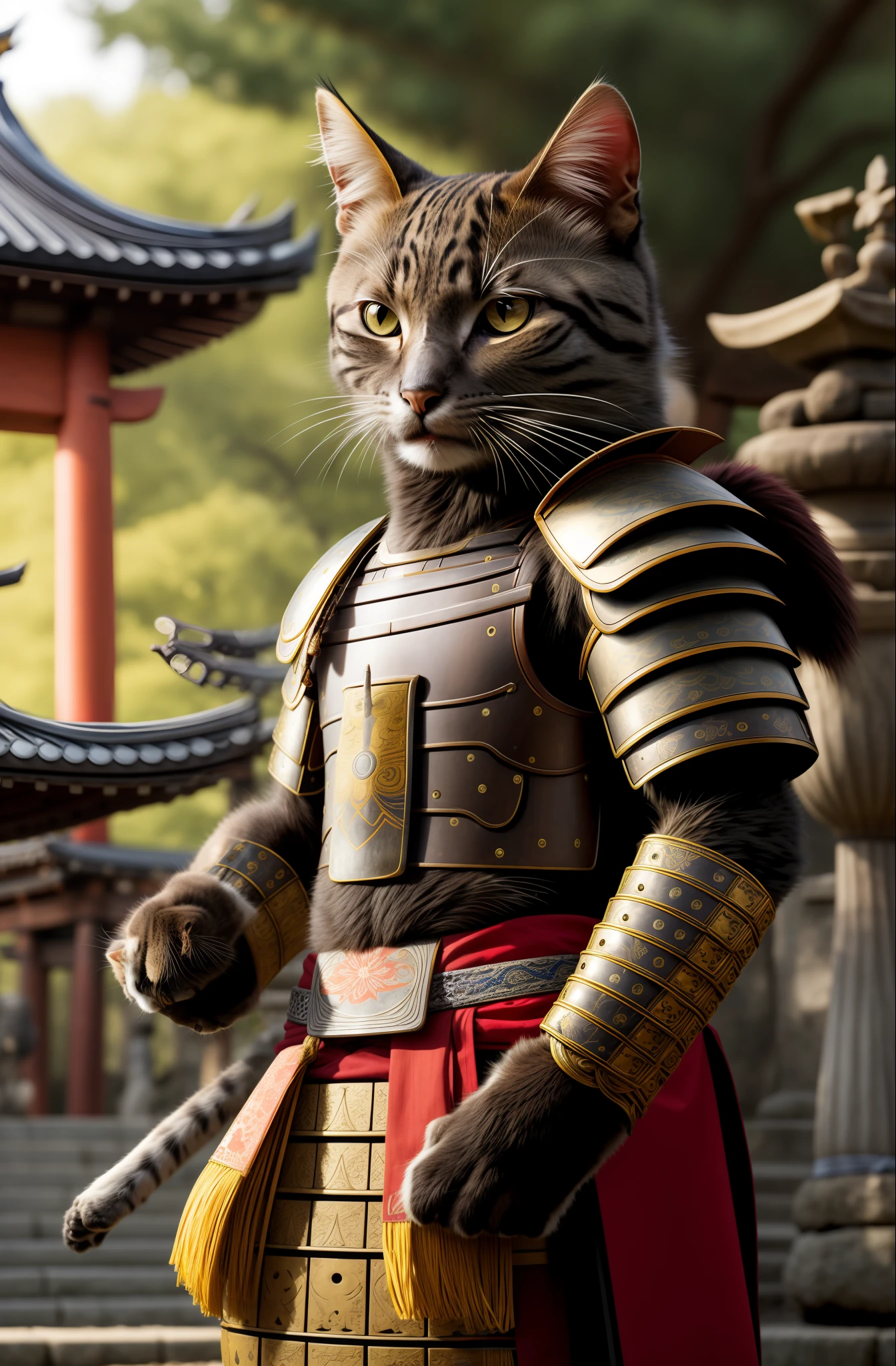 An ancient anthropomorphic cat samurai using an ancient samurai armor, photography, beautiful, bokeh temple background, colorful, masterpieces, top quality, best quality, official art, beautiful and aesthetic, realistic