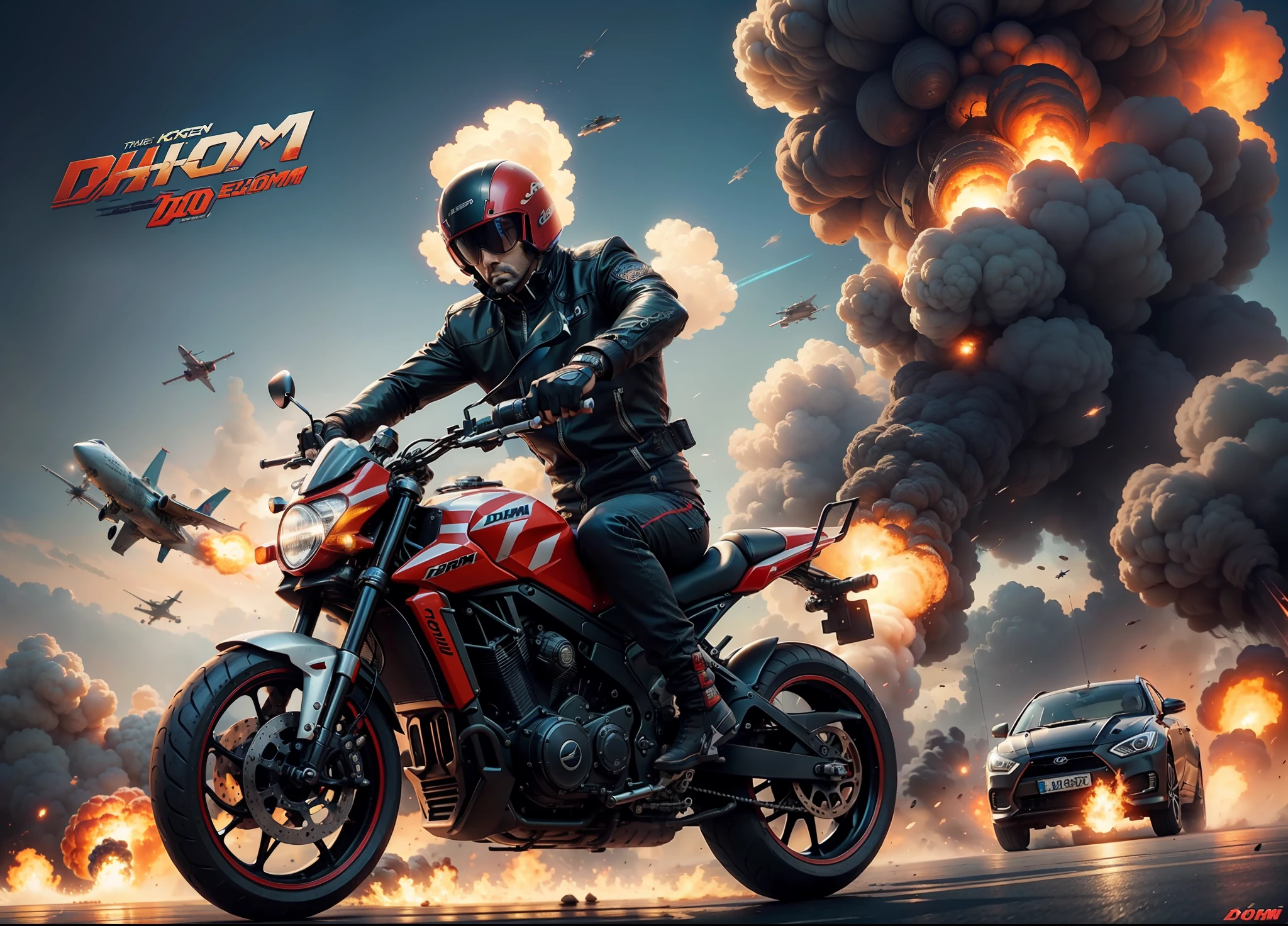Dhoom movie poster, explosions, guns, cars, planes