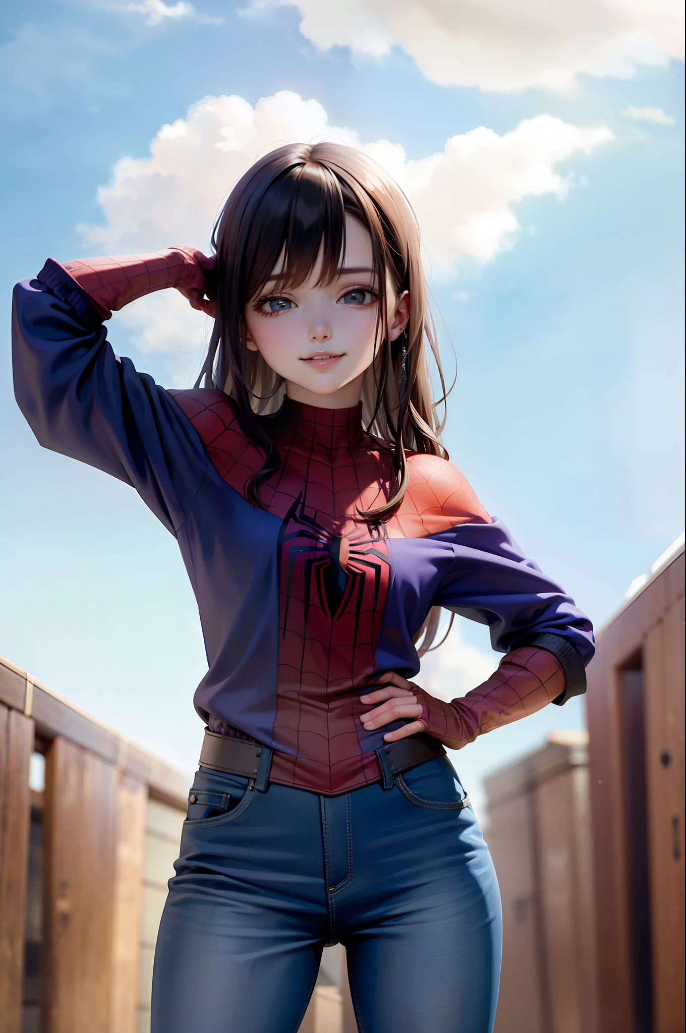 (masterpiece, best quality:1.2), cowboy shot, solo, 1girl, smile, looking at viewer, hand on hip, long brown hair, purple eyes, spider suit, spider web print, spider web, blue sky, clouds
