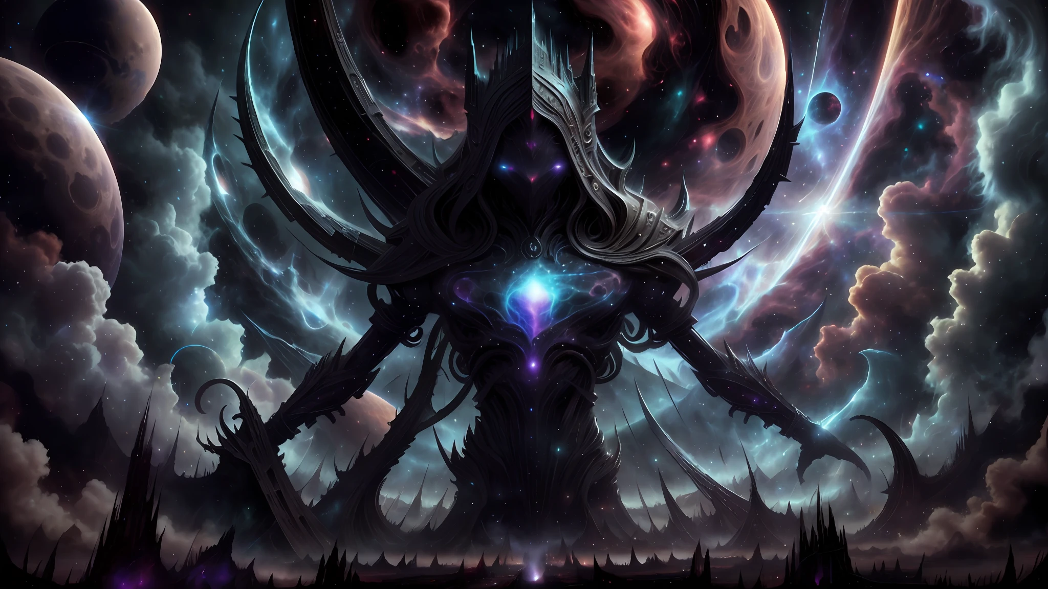 The cosmic creator God forms the dark fantasy world out of the chaos of the early universe