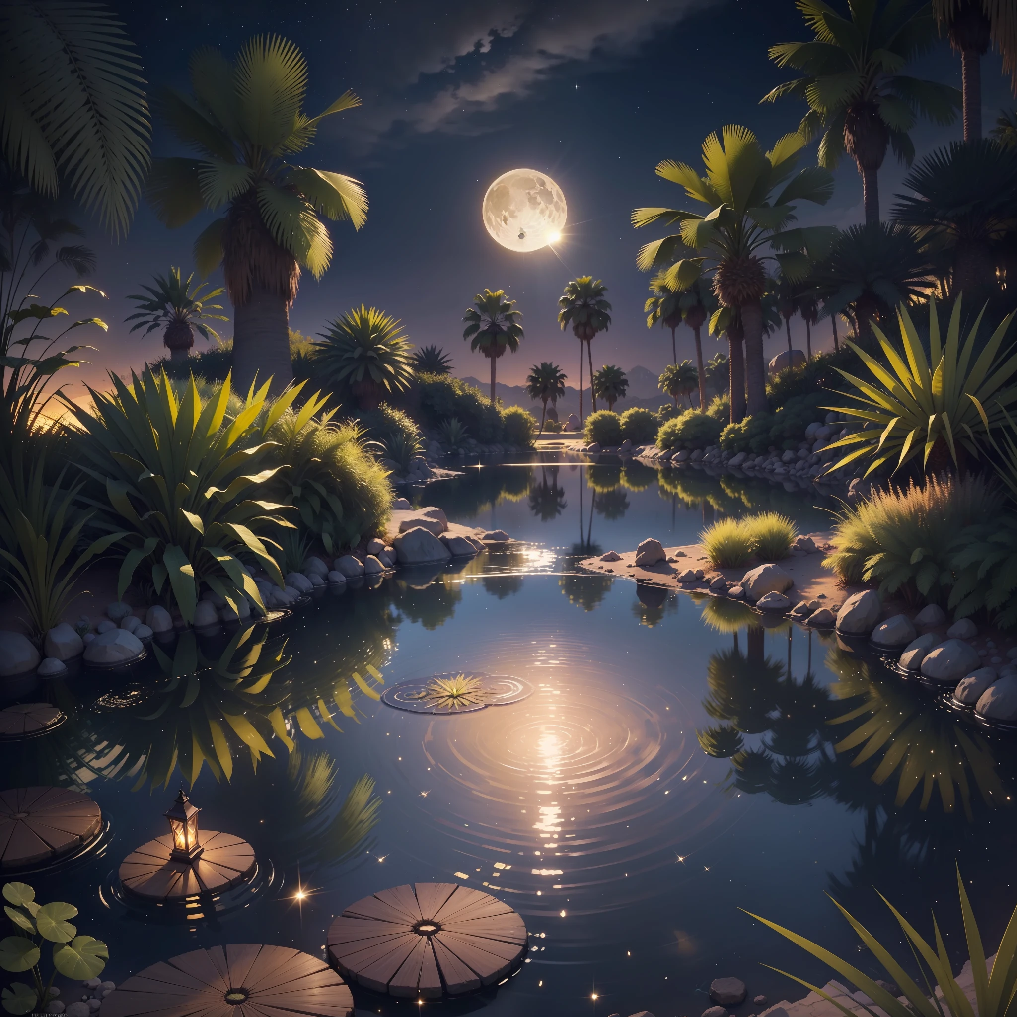 Small oasis with a small lake with a small waterfall and three palm trees, in the center of a desert. At night with full moon that is reflected in the water. In the air shine beads (fireflies) which gives a magical touch to the image. Photorealistic, hyperdetailed, high quality, 8k