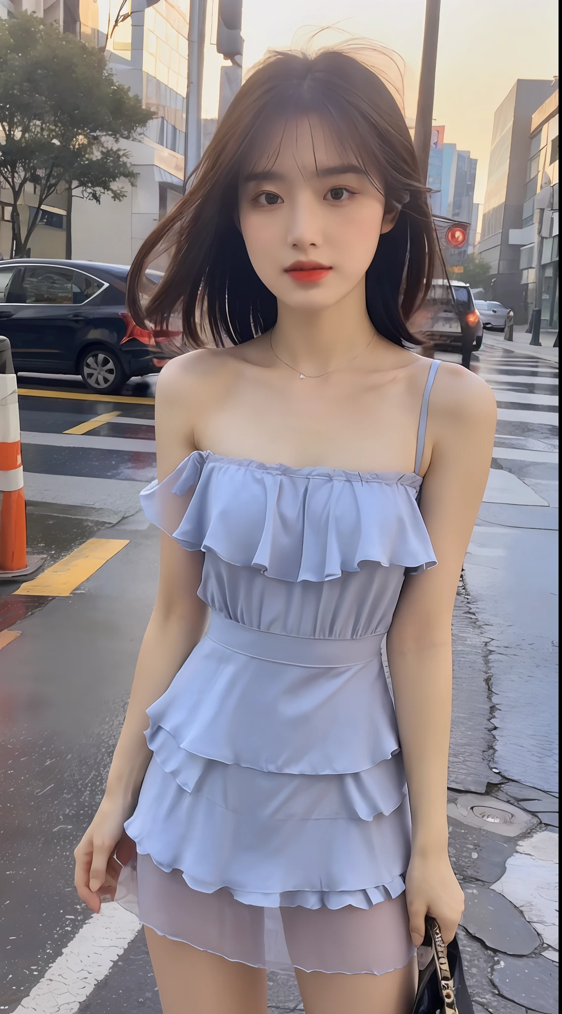 ((Best Quality, 8k, Masterpiece: 1.3)), Focus: 1.2, Perfect Body Beauty: 1.4, Buttocks: 1.2, ((Layered Haircut, Flat Chest: 1.2)), (Rain, Street:1.3), Bandeau Dress: 1.1, Highly Detailed Face and Skin Texture, Fine Eyes, Double Eyelids, Whitened Skin, Long Hair, (Shut Up: 1.3), Full Body