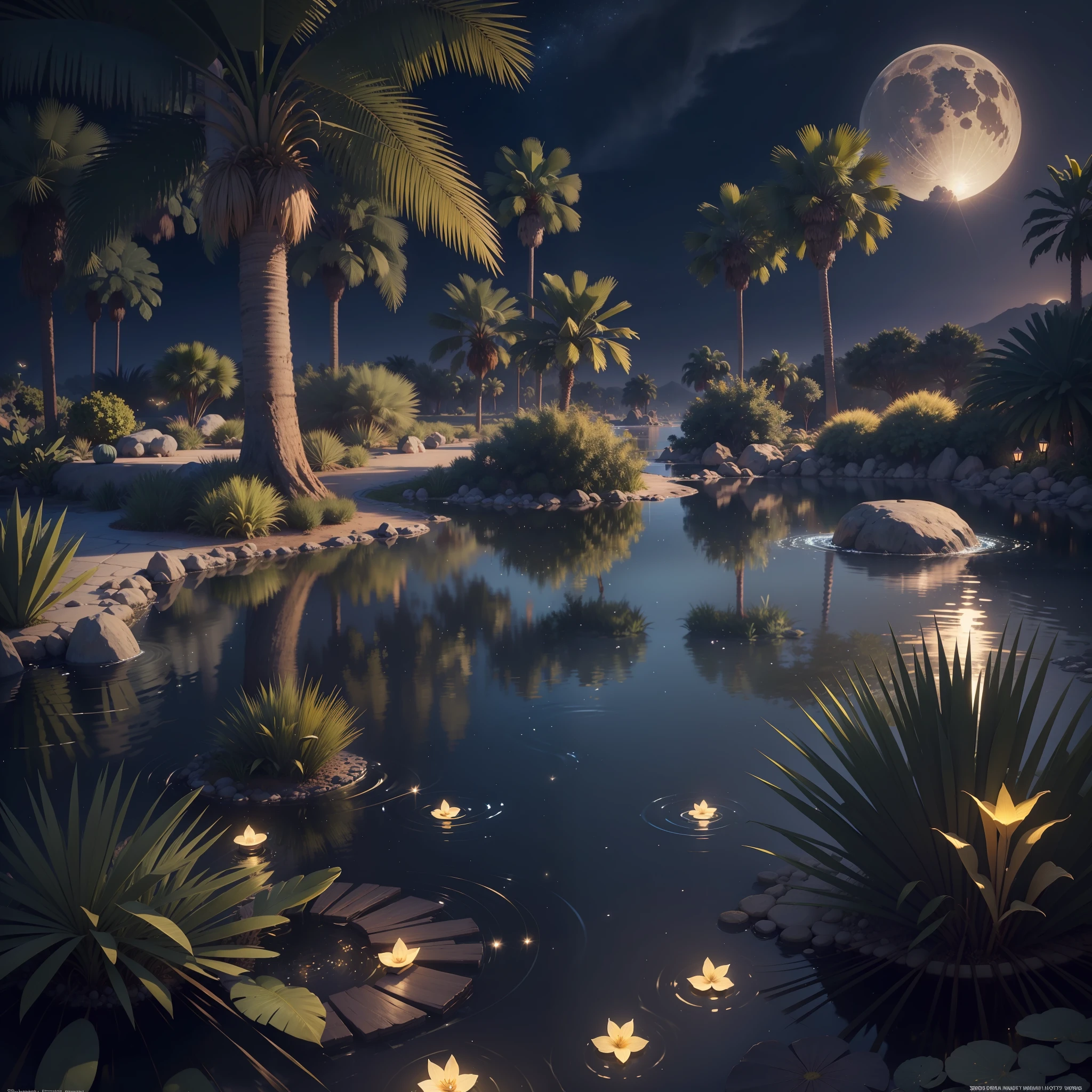 Small oasis with a small lake with a small waterfall and three palm trees, in the center of a desert. At night with full moon that is reflected in the water. In the air shine beads (fireflies) which gives a magical touch to the image. Photorealistic, hyperdetailed, high quality, 8k