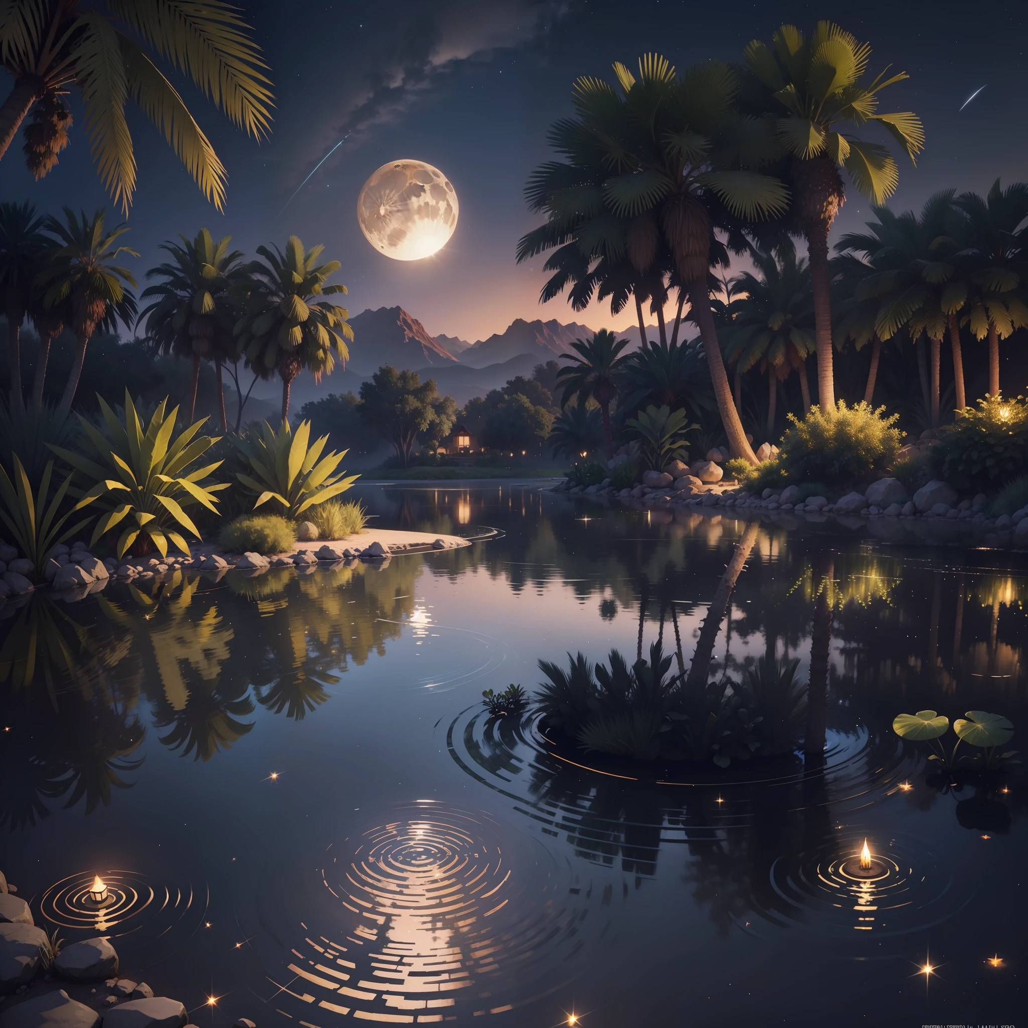 Small oasis with a small lake with a small waterfall and three palm trees, in the center of a desert. At night with full moon that is reflected in the water. In the air shine beads (fireflies) which gives a magical touch to the image. Photorealistic, hyperdetailed, high quality, 8k