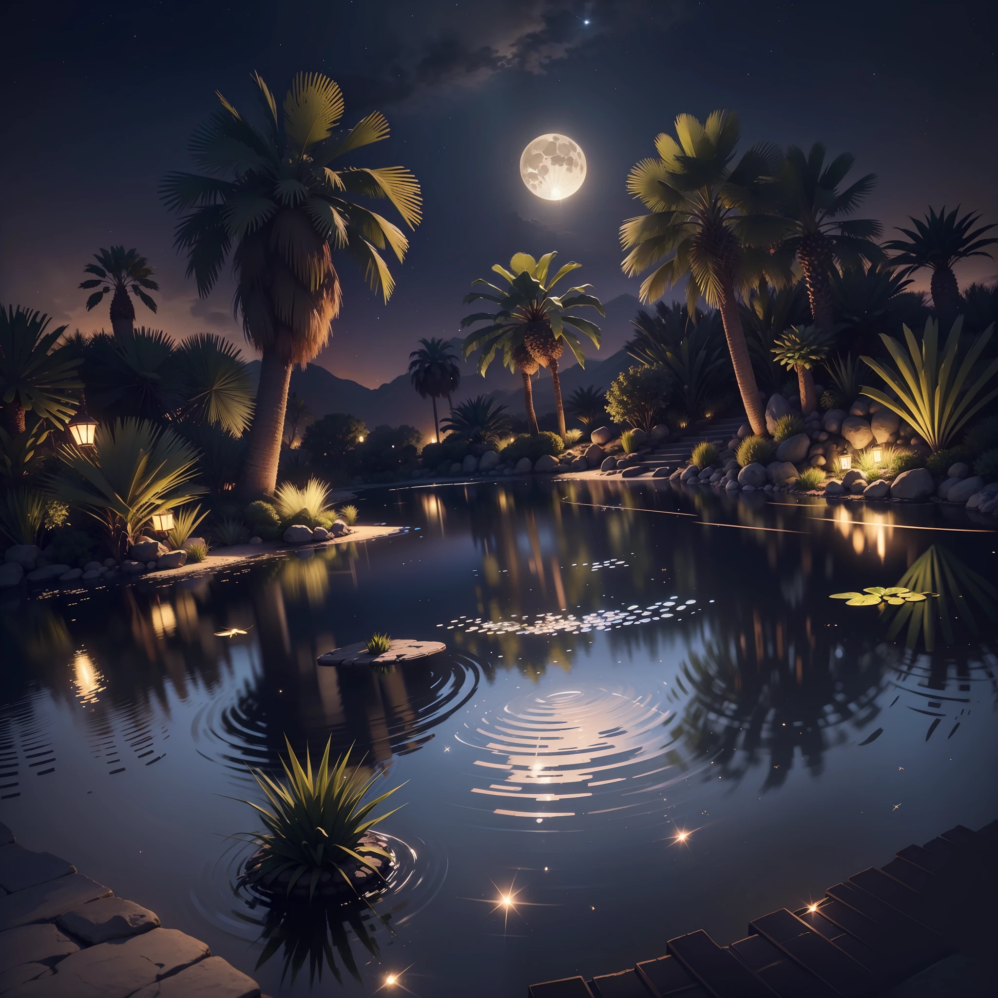 Small oasis with a small lake with a small waterfall and three palm trees, in the center of a desert. At night with full moon that is reflected in the water. In the air shine beads (fireflies) which gives a magical touch to the image. Photorealistic, hyperdetailed, high quality, 8k